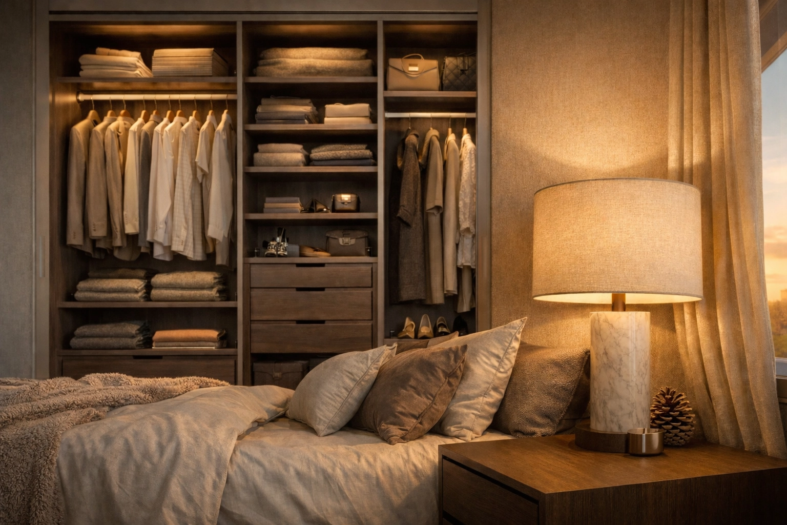 Premium fitted wardrobe and bedroom render with clean styling and warm lighting.