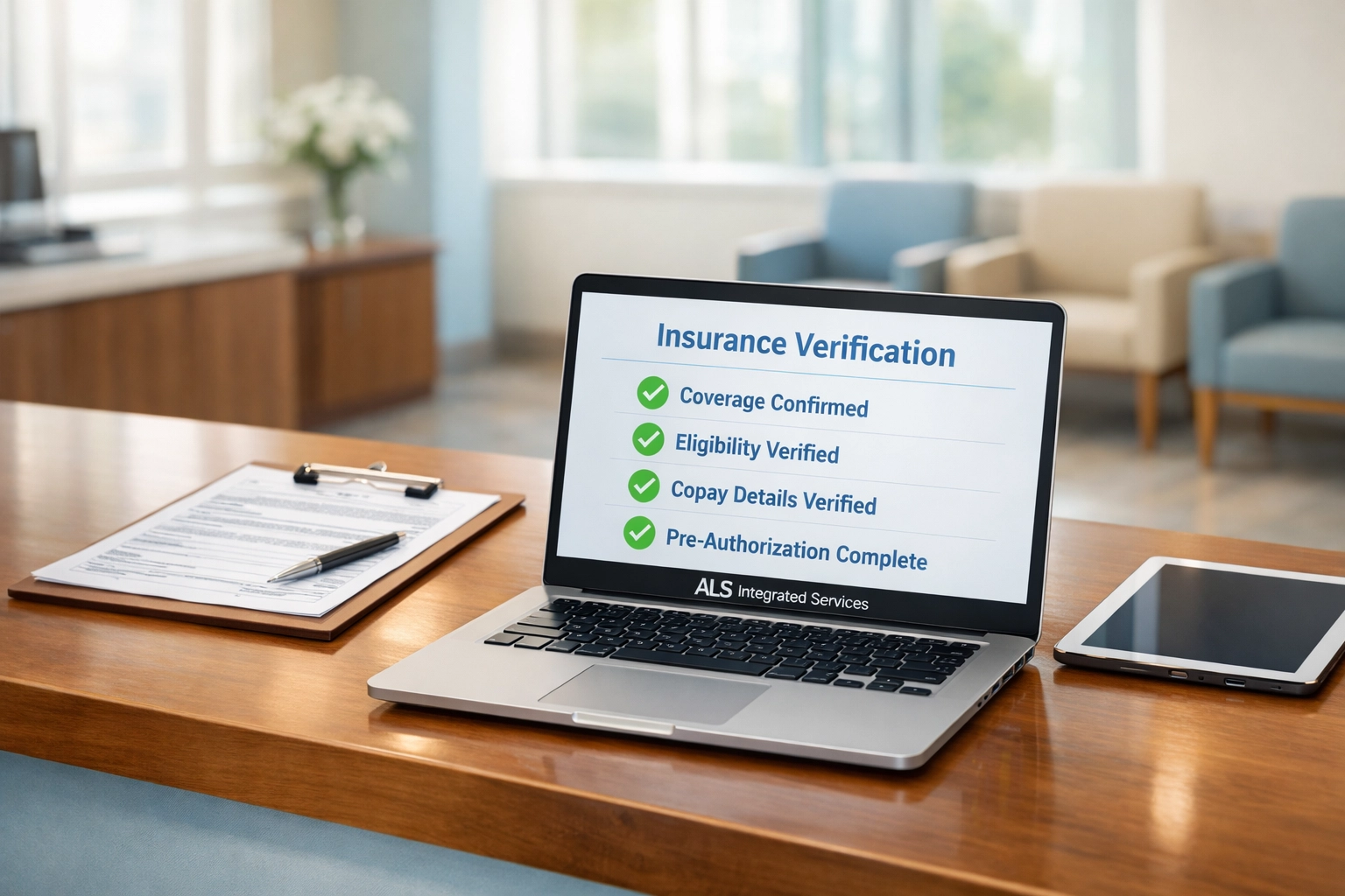 Medical office reception desk with laptop displaying insurance eligibility verification for therapy patients