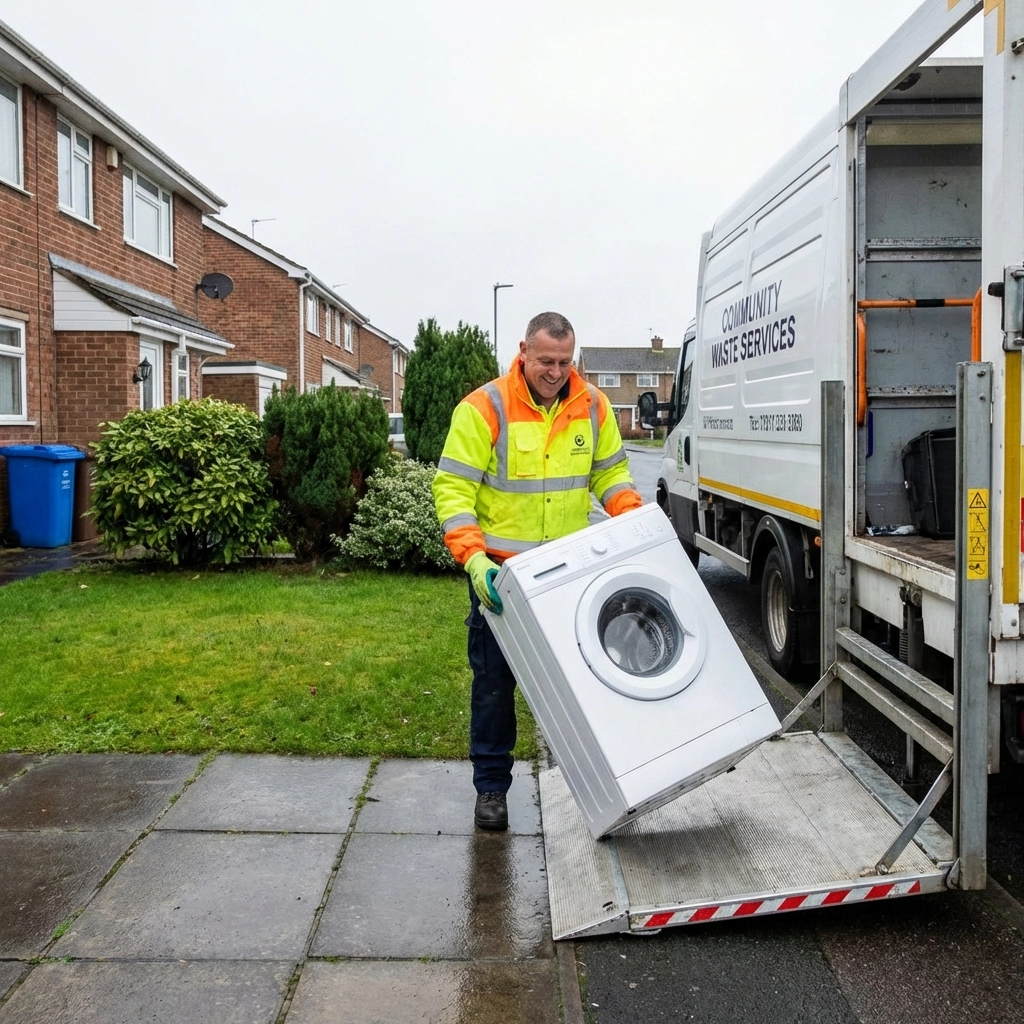 Waste collection worker loads a washing machine onto a van for appliance recycling in a UK driveway