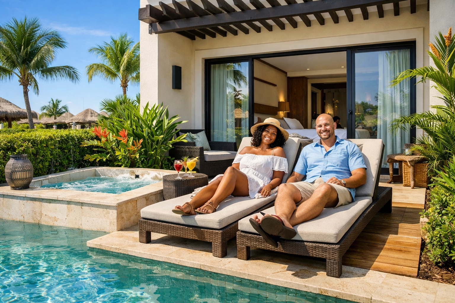 Luxury swim-up suite with private patio at lifestyle resort showing direct pool access