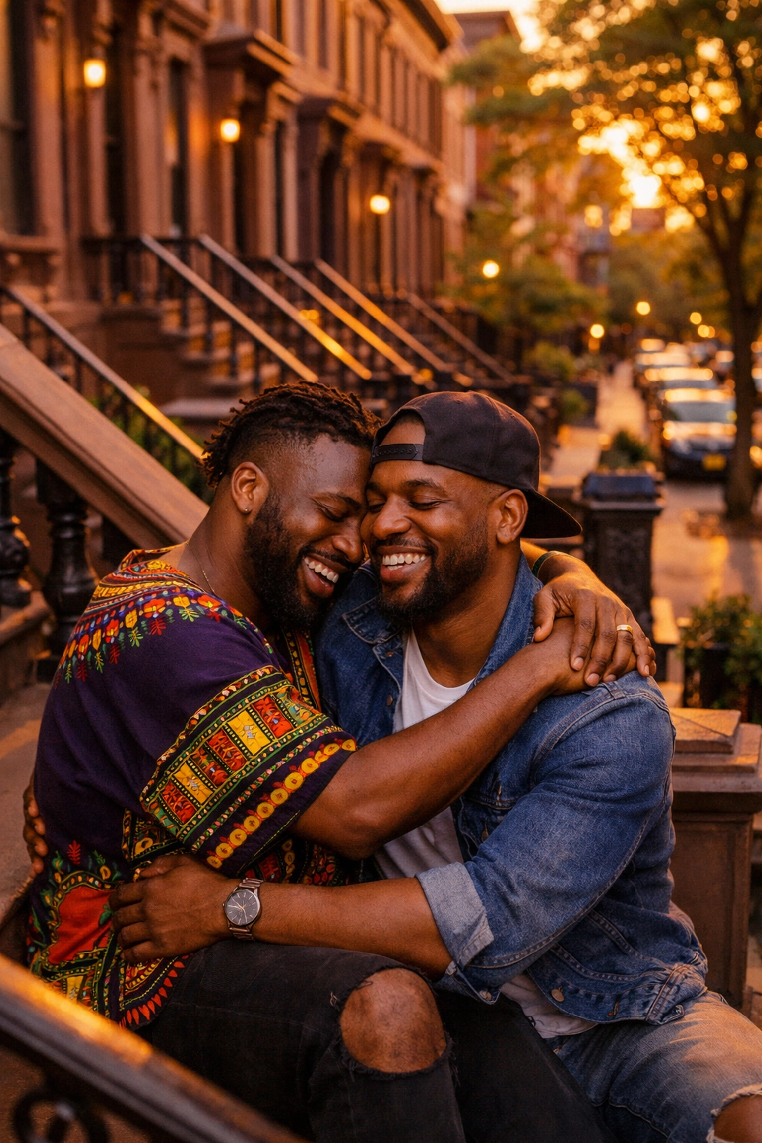 Black gay couple embracing on Brooklyn brownstone stoop in New York City