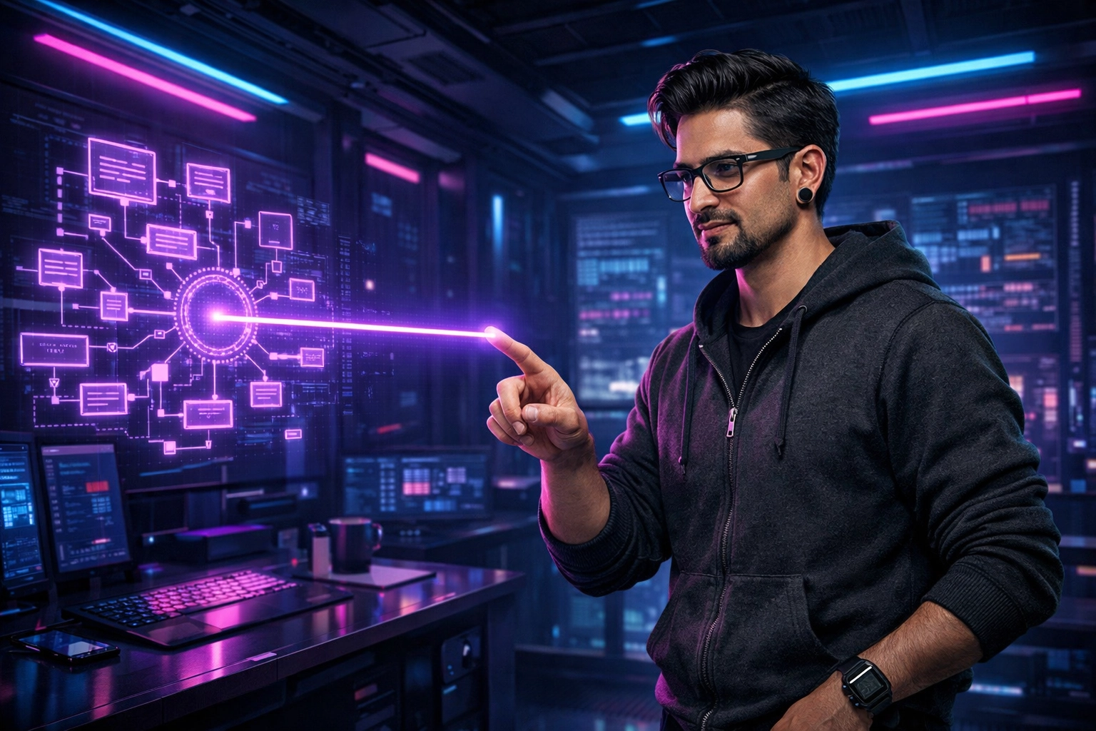Matthew Elizondo analyzing a holographic AI strategy flowchart in a cyberpunk office.