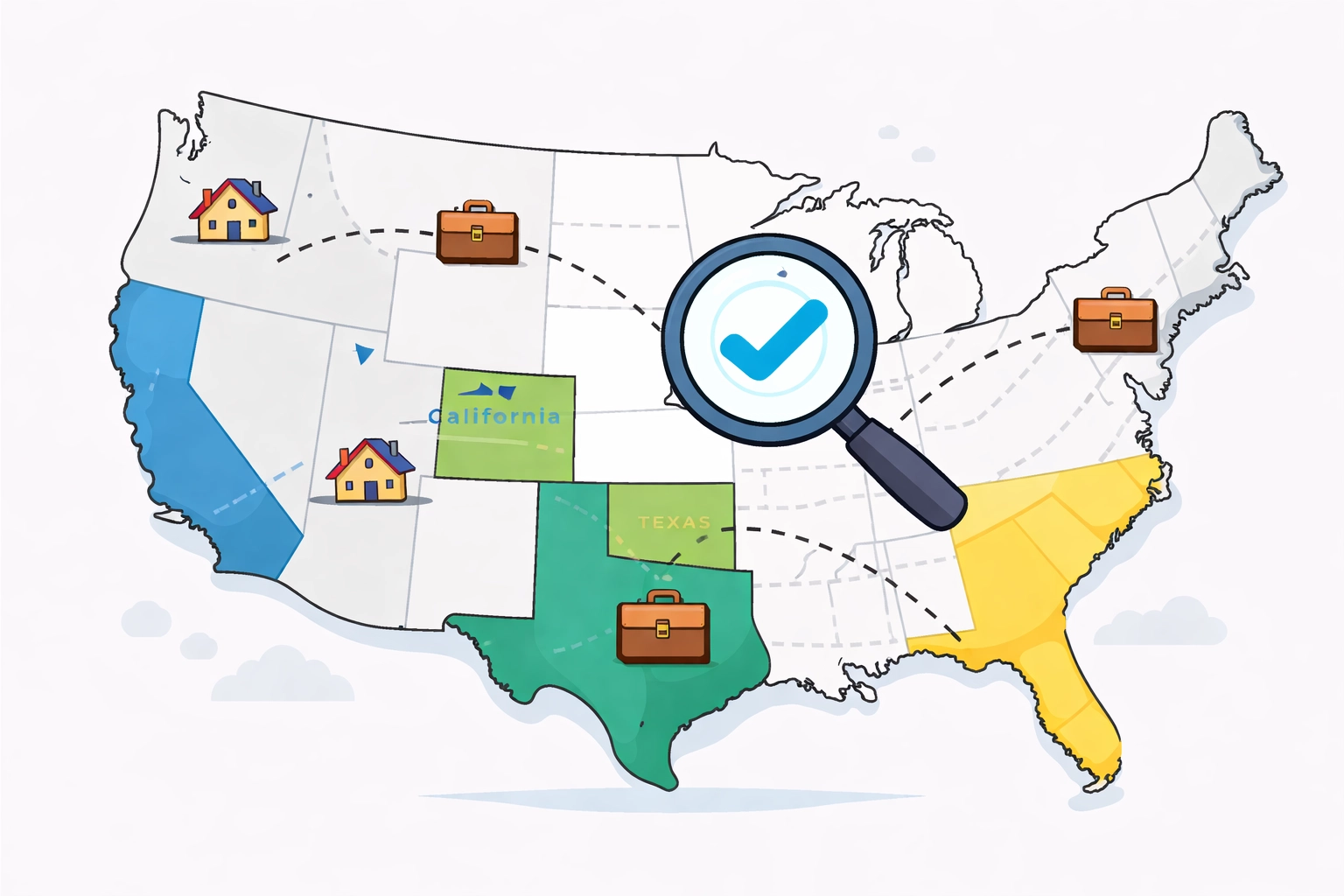 Map of United States with highlighted states and icons demonstrates tracking work locations for state tax accuracy in 2026.