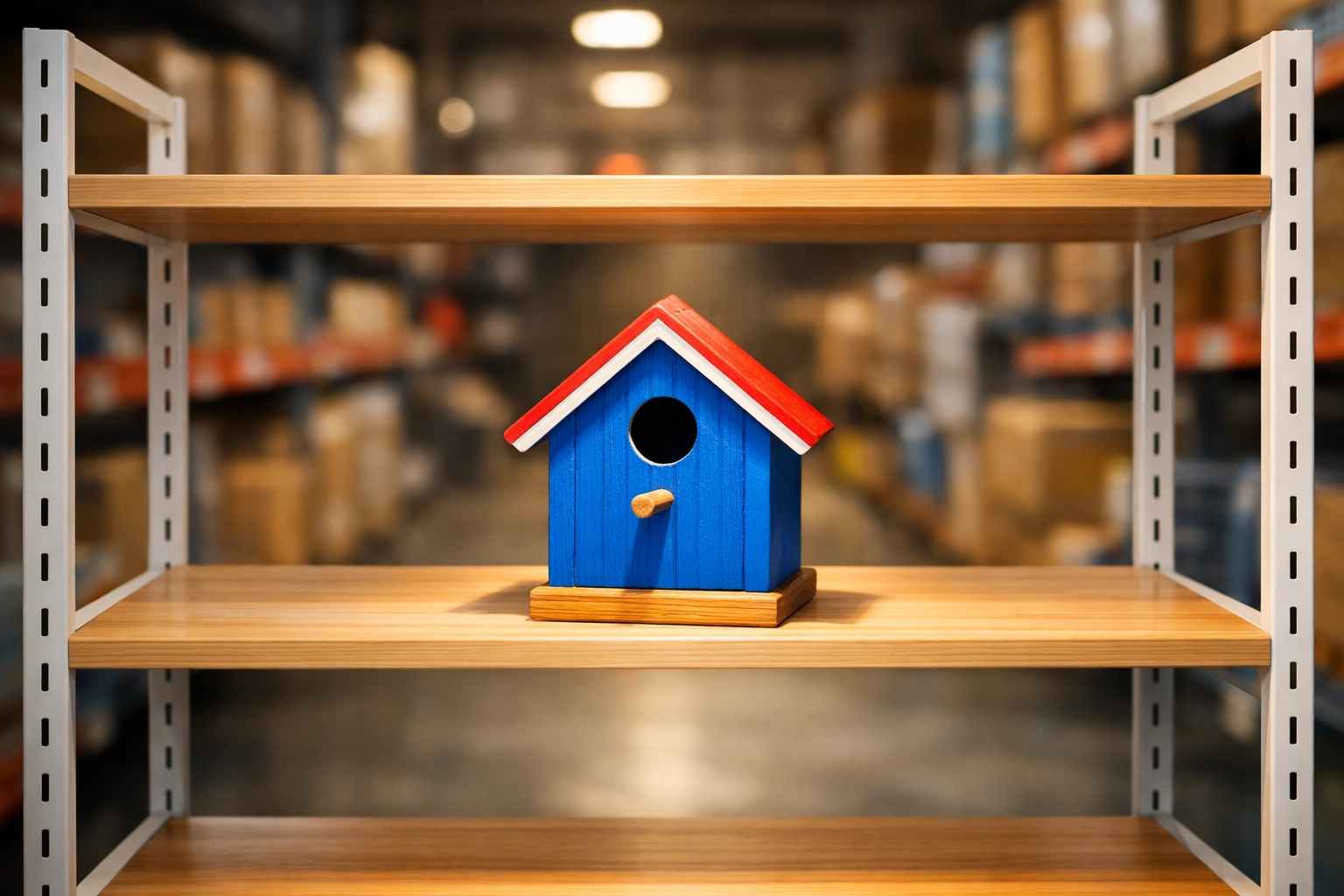 A wooden bluebird house on a retail shelf, highlighting top deals online found through aggressive liquidation.