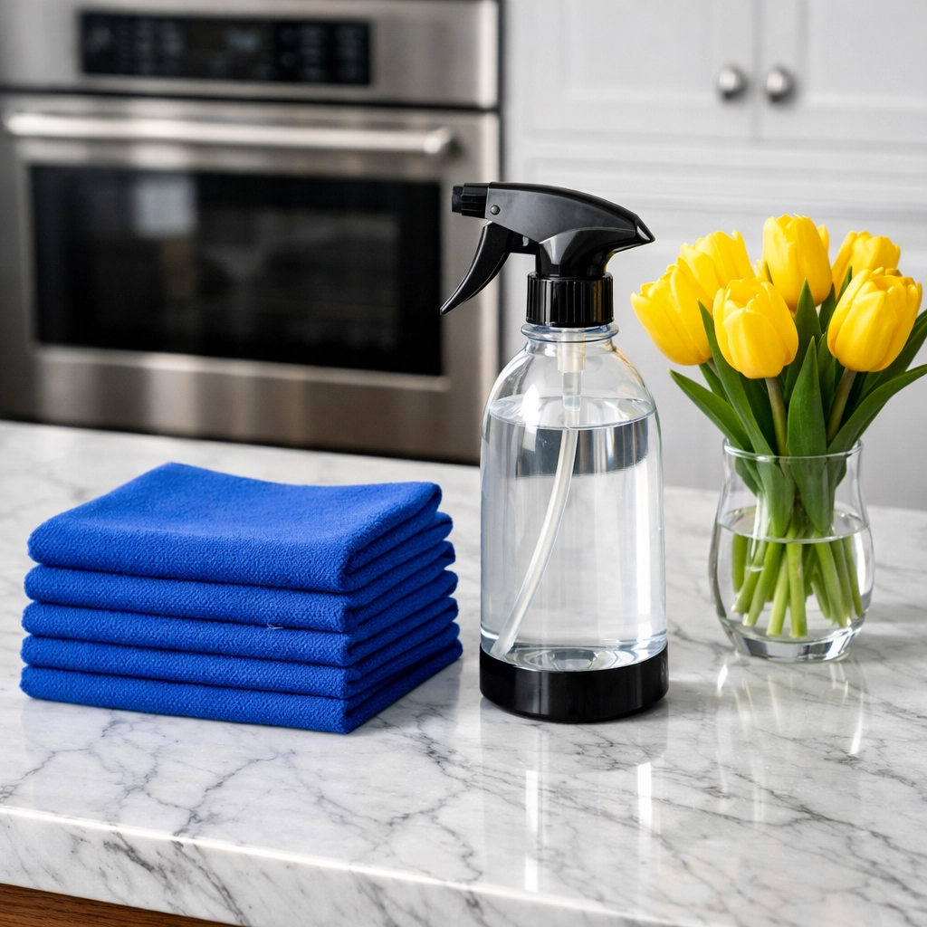 Professional cleaning equipment on a marble island used for expert house cleaning Cambridge MA.