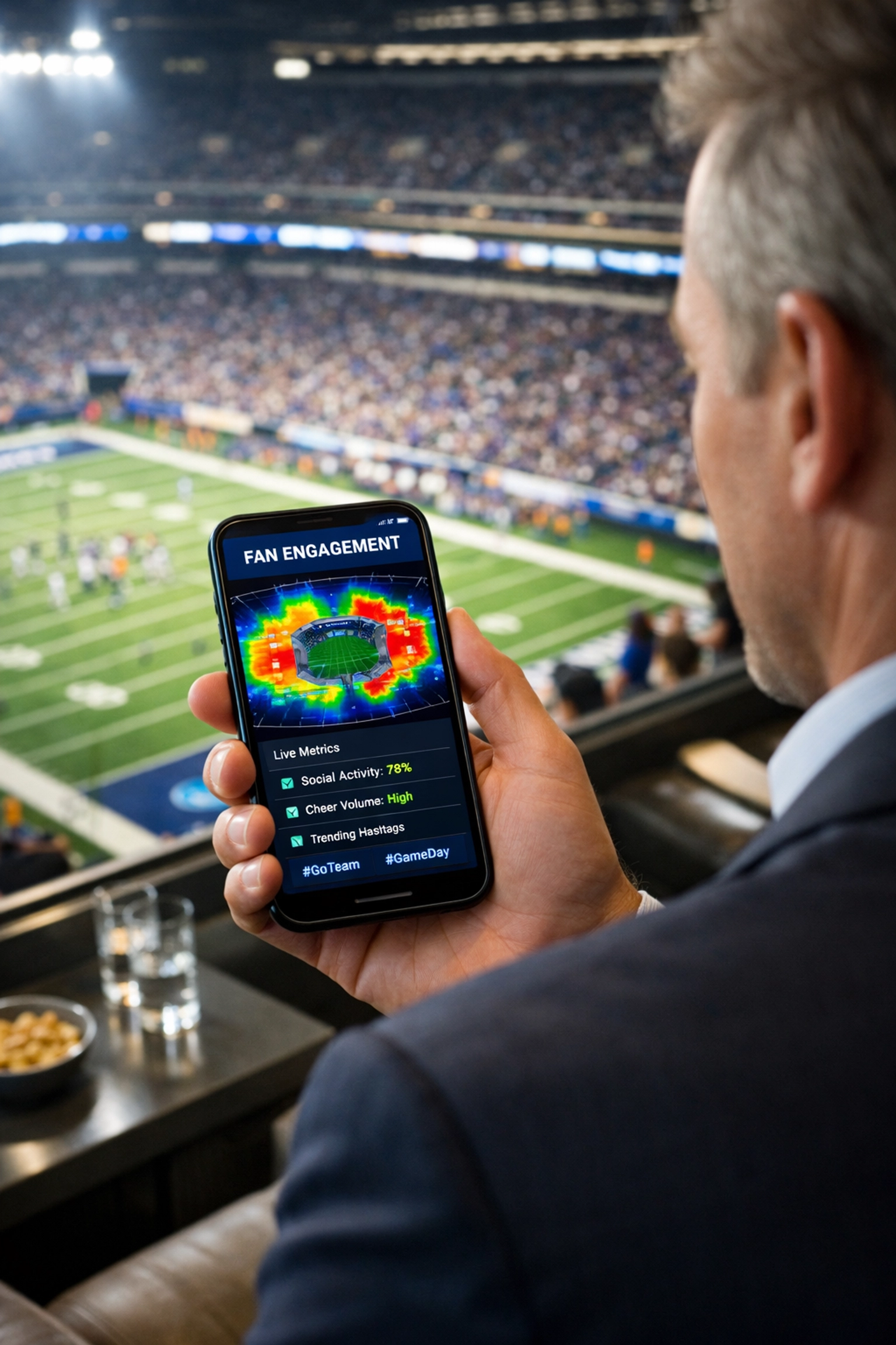PRESS RELEASE: Boost Your Brand Visibility Instantly with These 5 Super Bowl Activation Tips Executive in a luxury stadium suite tracking fan engagement data for a Super Bowl brand activation.