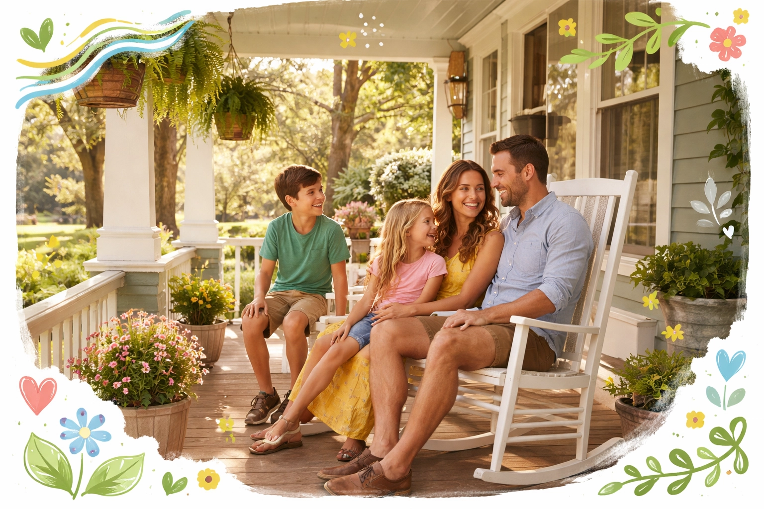 Family relaxing on a Craftsman home porch in a charming North Metro Atlanta neighborhood