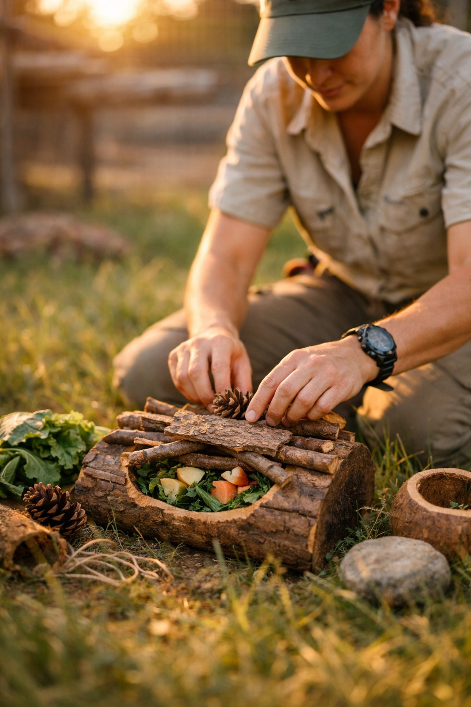 Zookeeper creating animal enrichment behind the scenes, highlighting transparent zoo conservation efforts.