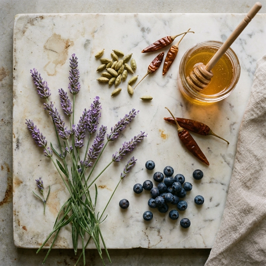 Locally sourced ingredients like lavender, cardamom, chili peppers, and wild blueberries used by craft chocolate makers.