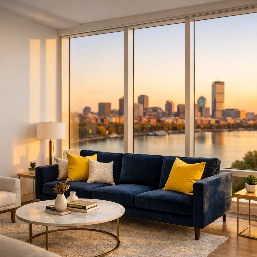 Immaculate Boston living room showcasing professional Apartment Cleaning Massachusetts results.