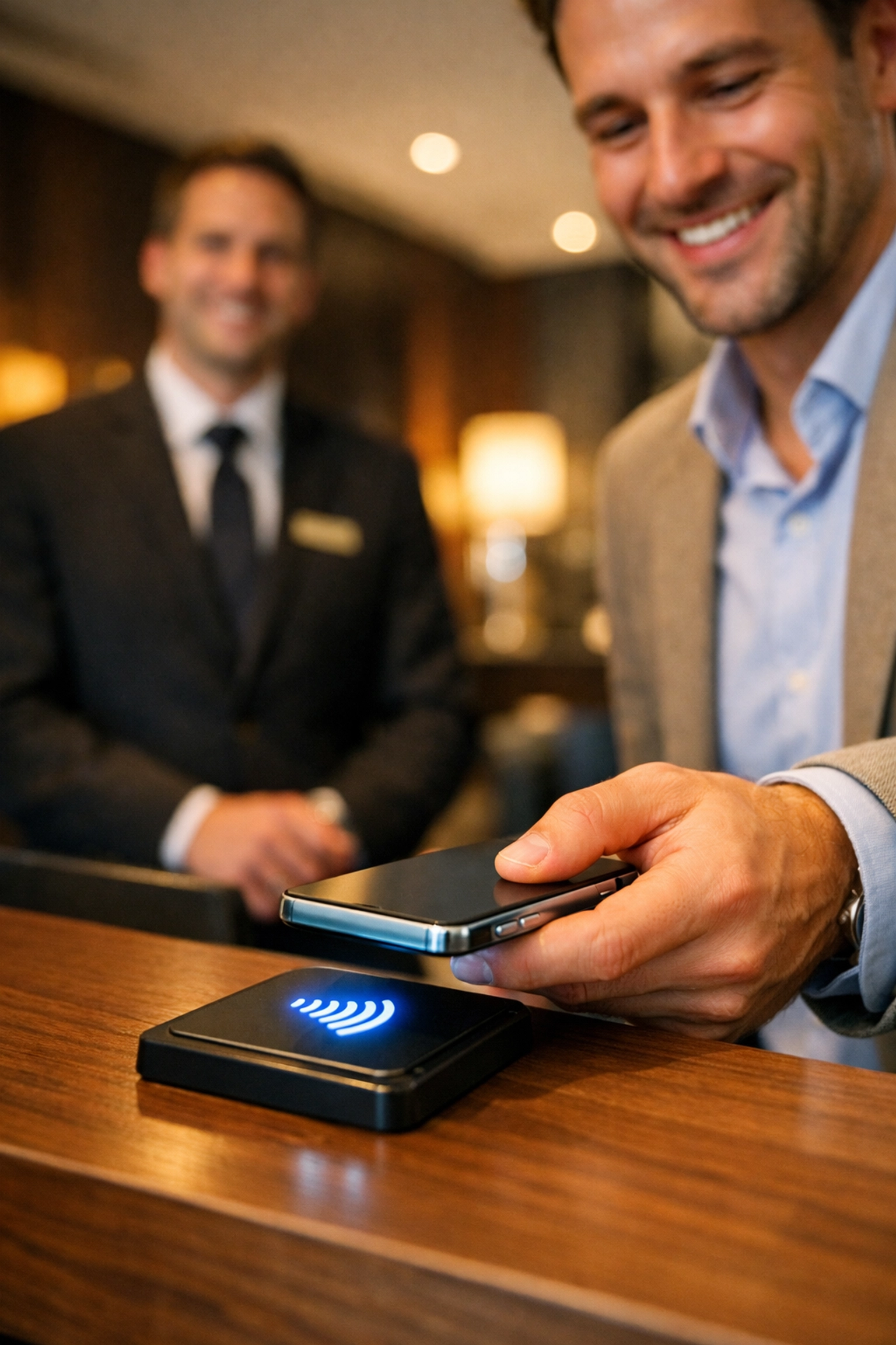 Guest using seamless mobile contactless check-in at a hotel reception desk during the night.