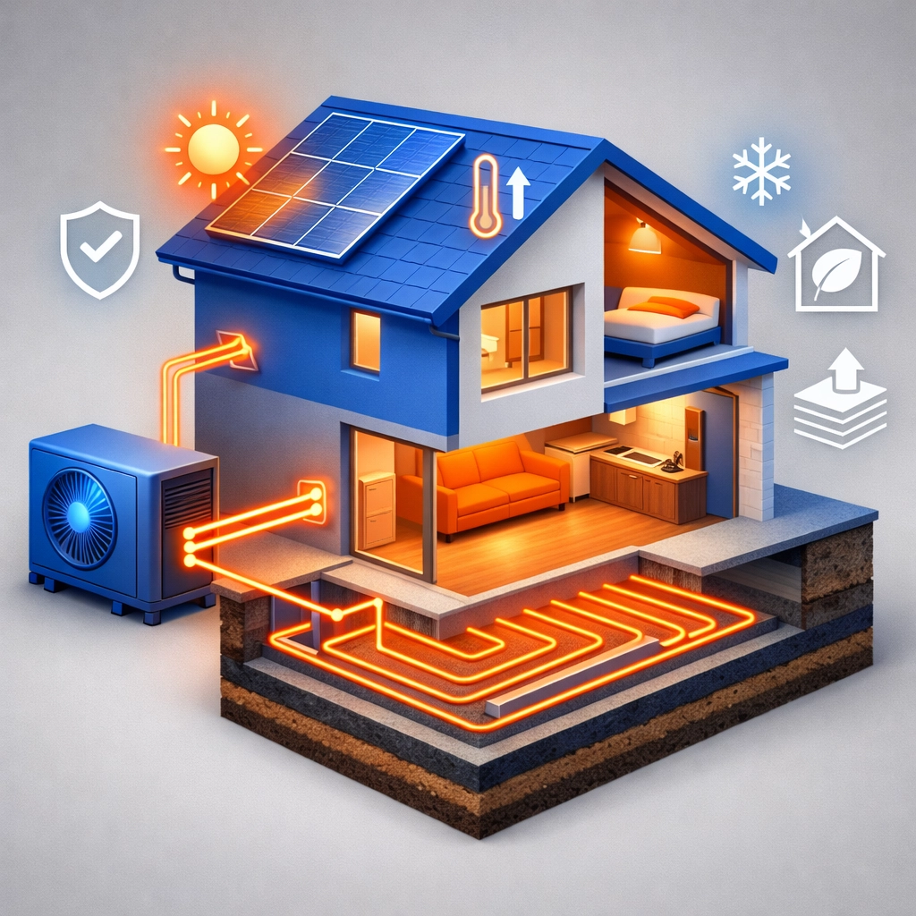 Isometric illustration of an air source heat pump and underfloor heating system for energy efficiency.
