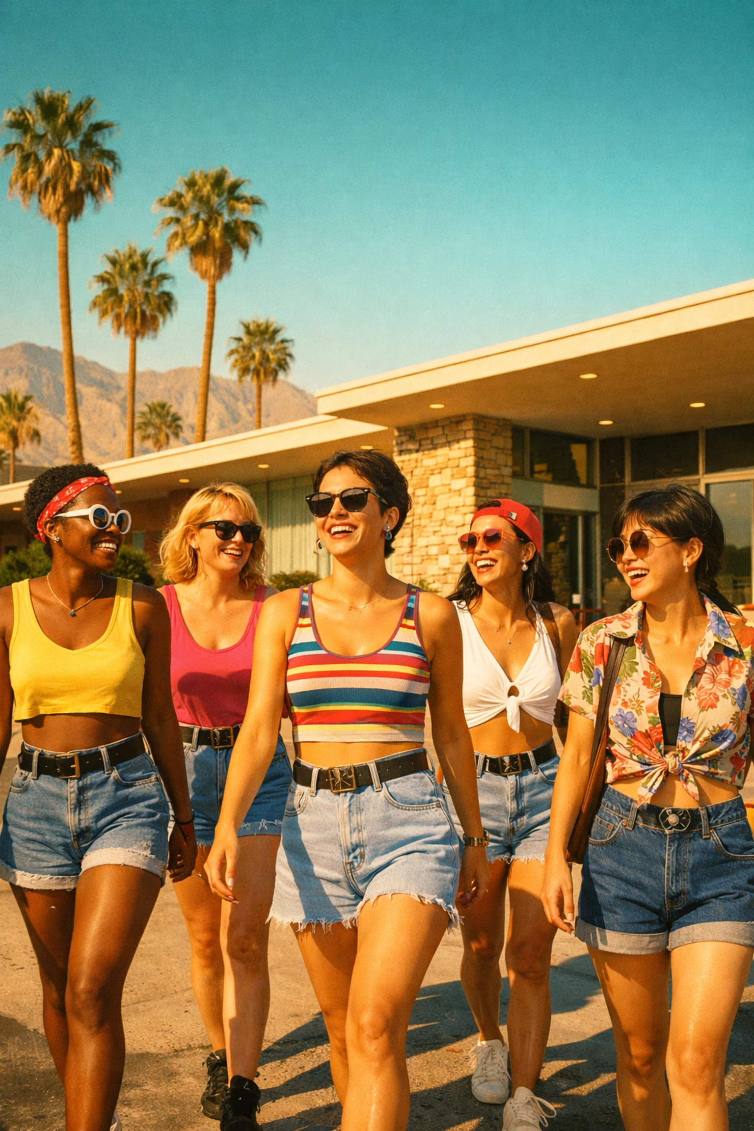 Diverse queer women in 90s fashion walking together in Palm Springs at the start of The Dinah festival.