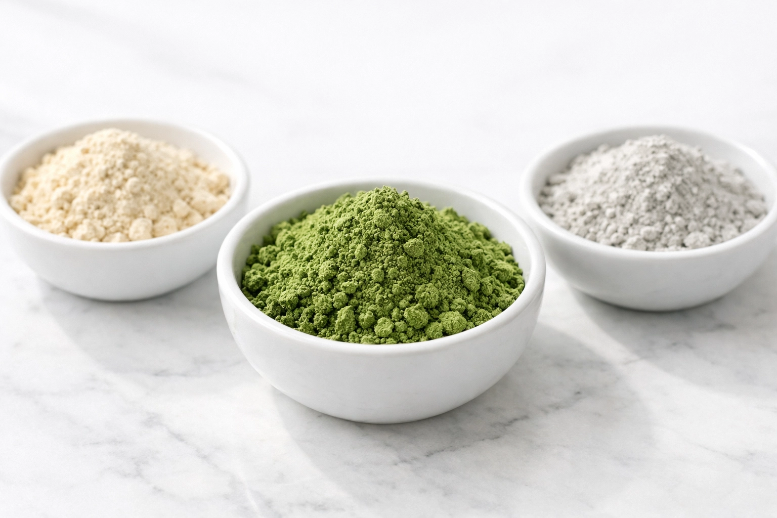 French green clay minerals in bowls showing kaolin, illite, and bentonite clay types