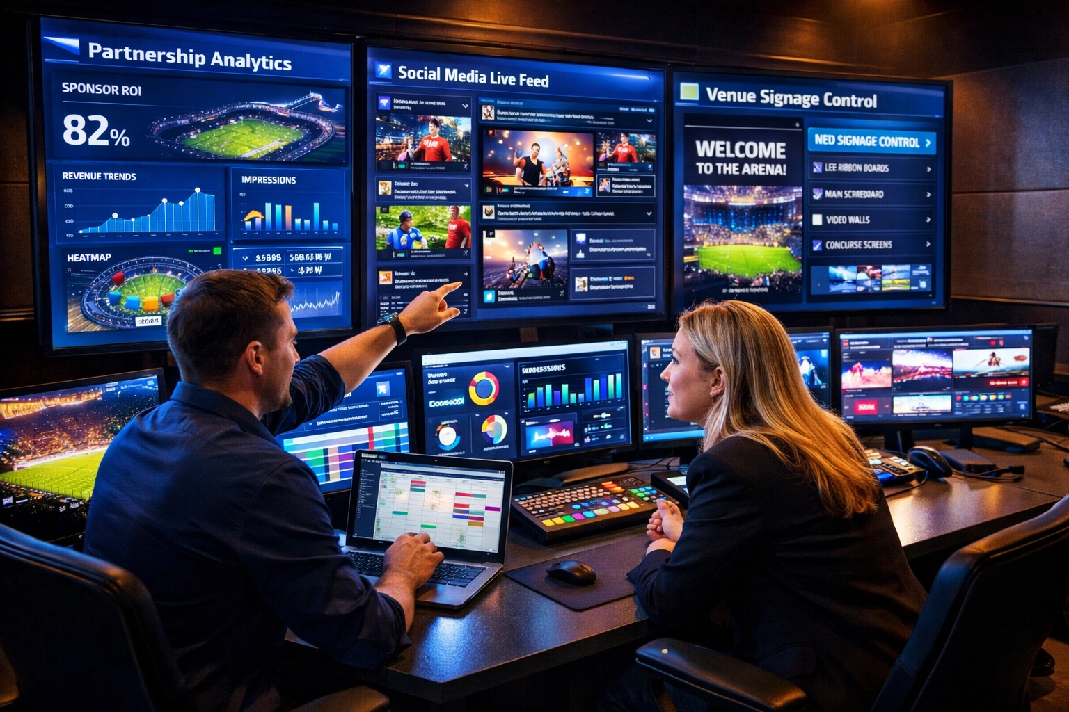Partnership automation control room with real-time analytics dashboards for sports venue management