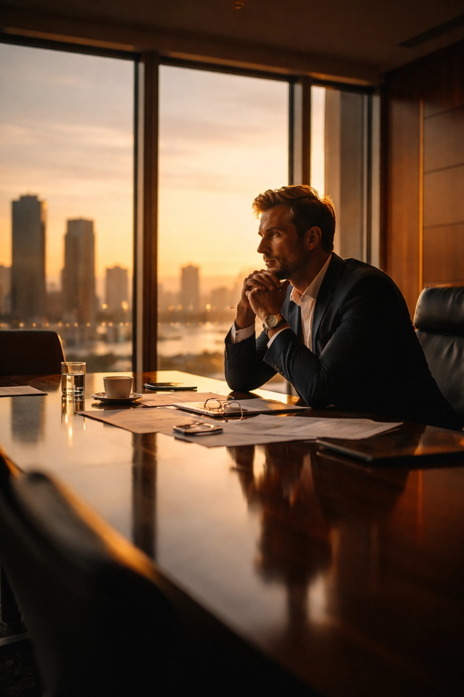 Hospitality founder contemplating business funding decisions at a boardroom table with city skyline view