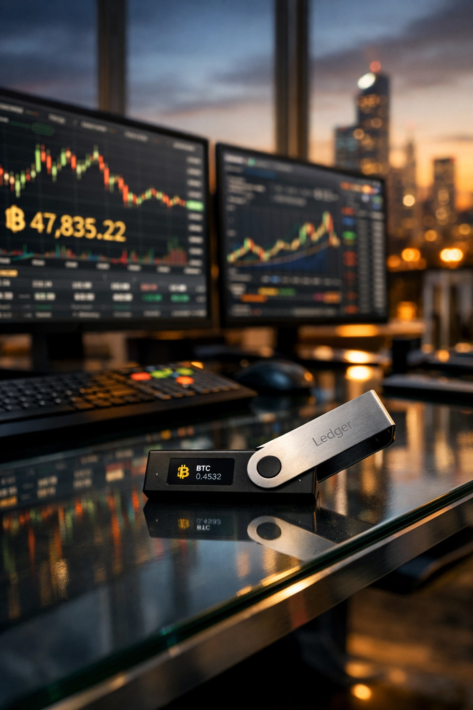 Institutional Bitcoin trading desk with hardware wallet and cryptocurrency charts