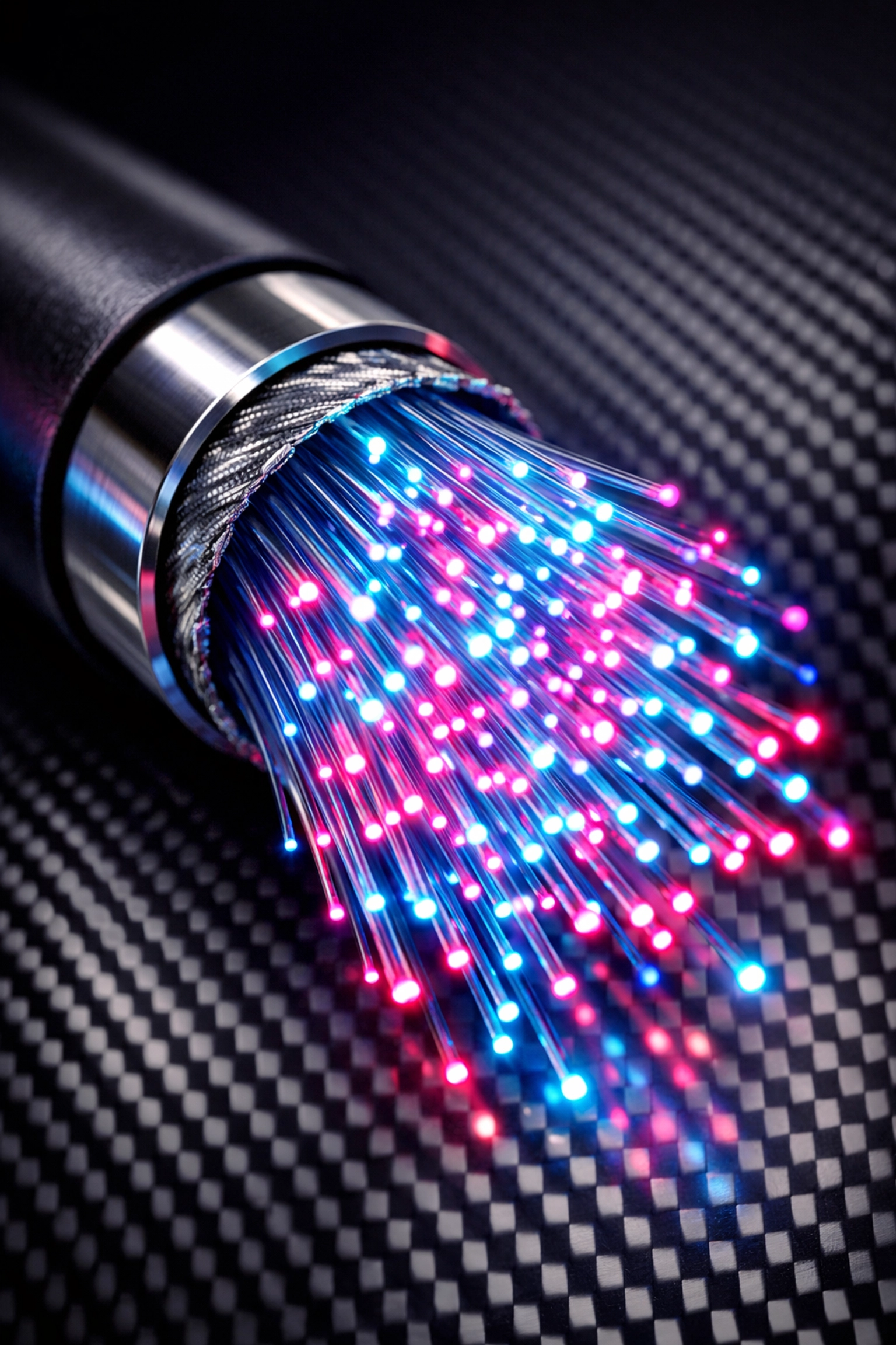 Close-up of fiber optic strands representing high-speed business internet and cloud PBX connectivity.