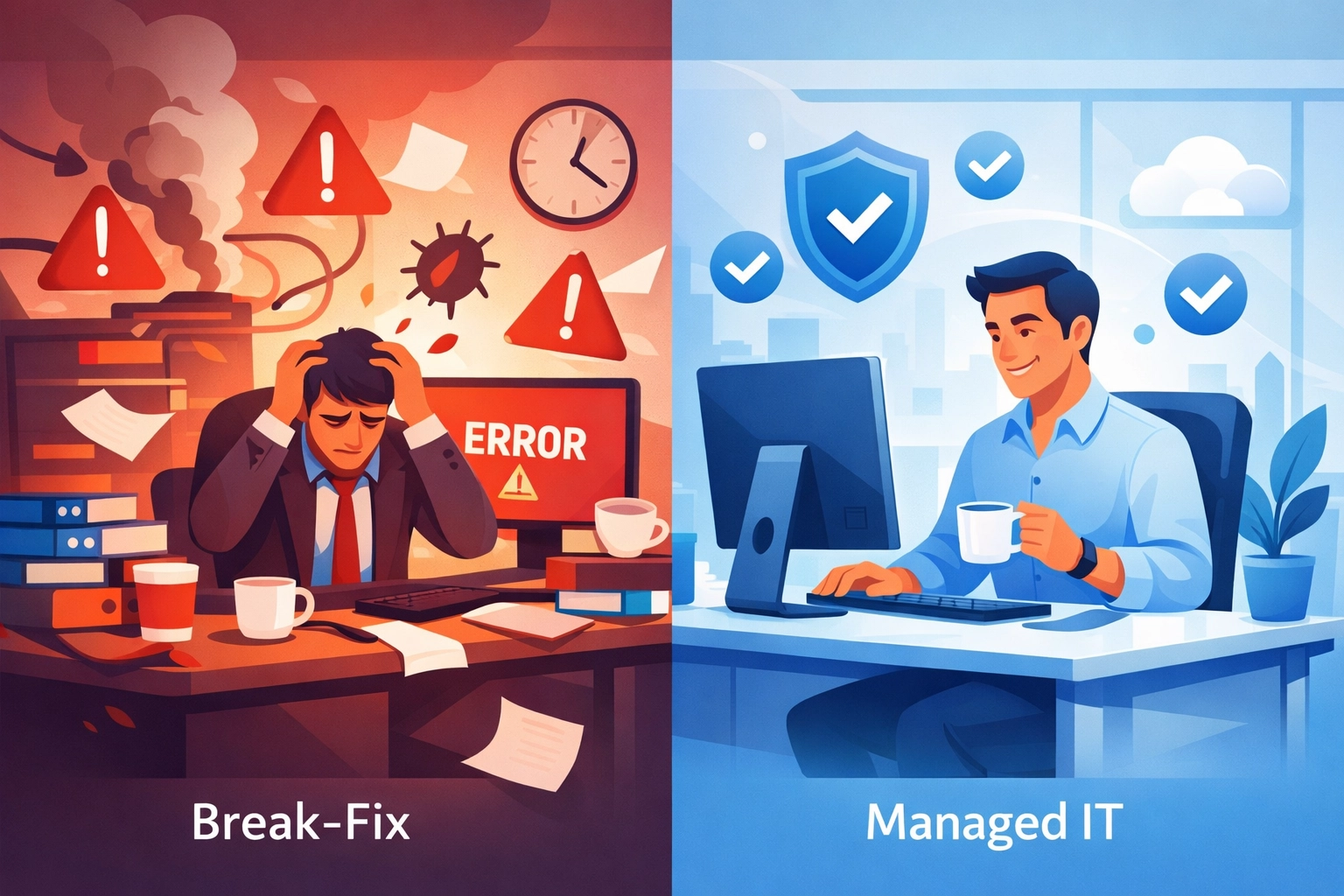 Comparison of chaotic break-fix IT support versus calm managed IT services