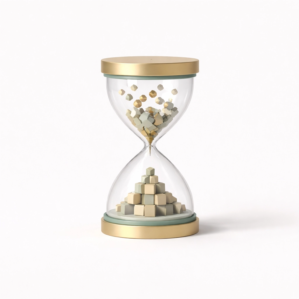 Hourglass with geometric shapes transforming from chaos to order, symbolizing timeless sustainable design.