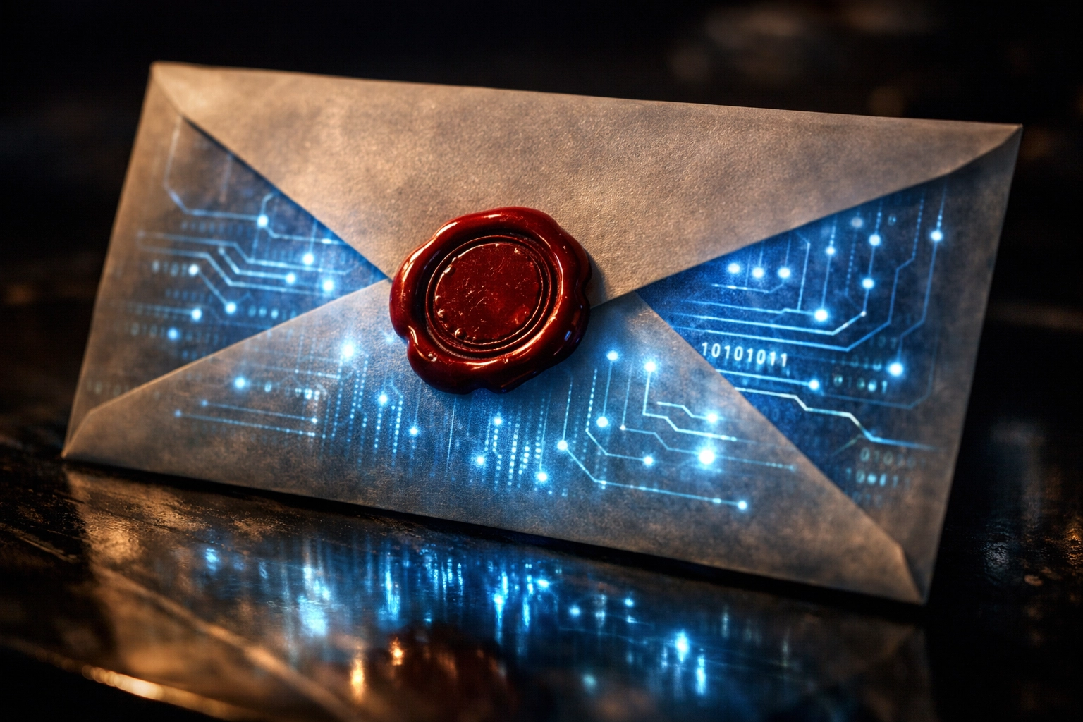 Email Security: Why Dmarc, Spf, And Dkim Are No Longer Optional 2 Traditional envelope with a red wax seal and digital circuitry representing secure business email authentication.