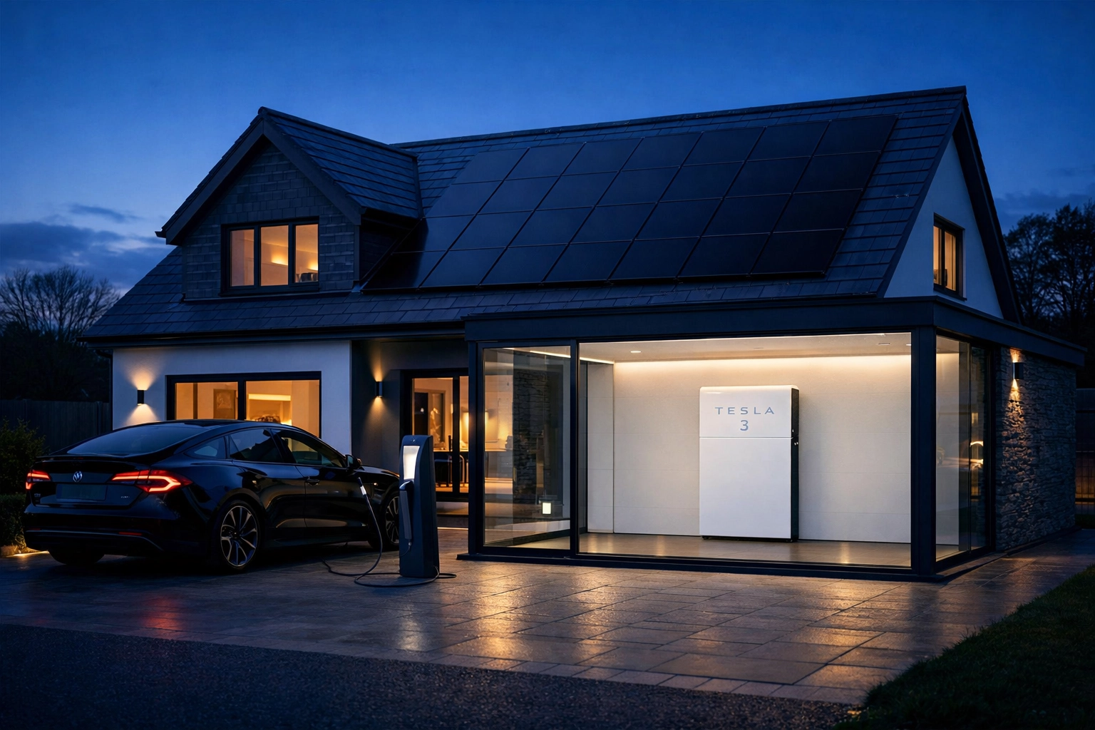 Premium solar panel installation on a UK home featuring a Tesla Powerwall 3 and EV charging point.
