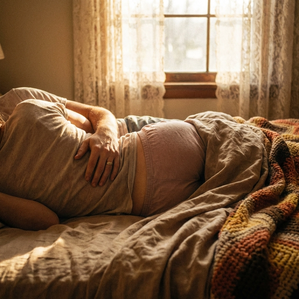 Couple in spooning position demonstrating intimate sex position for orgasm