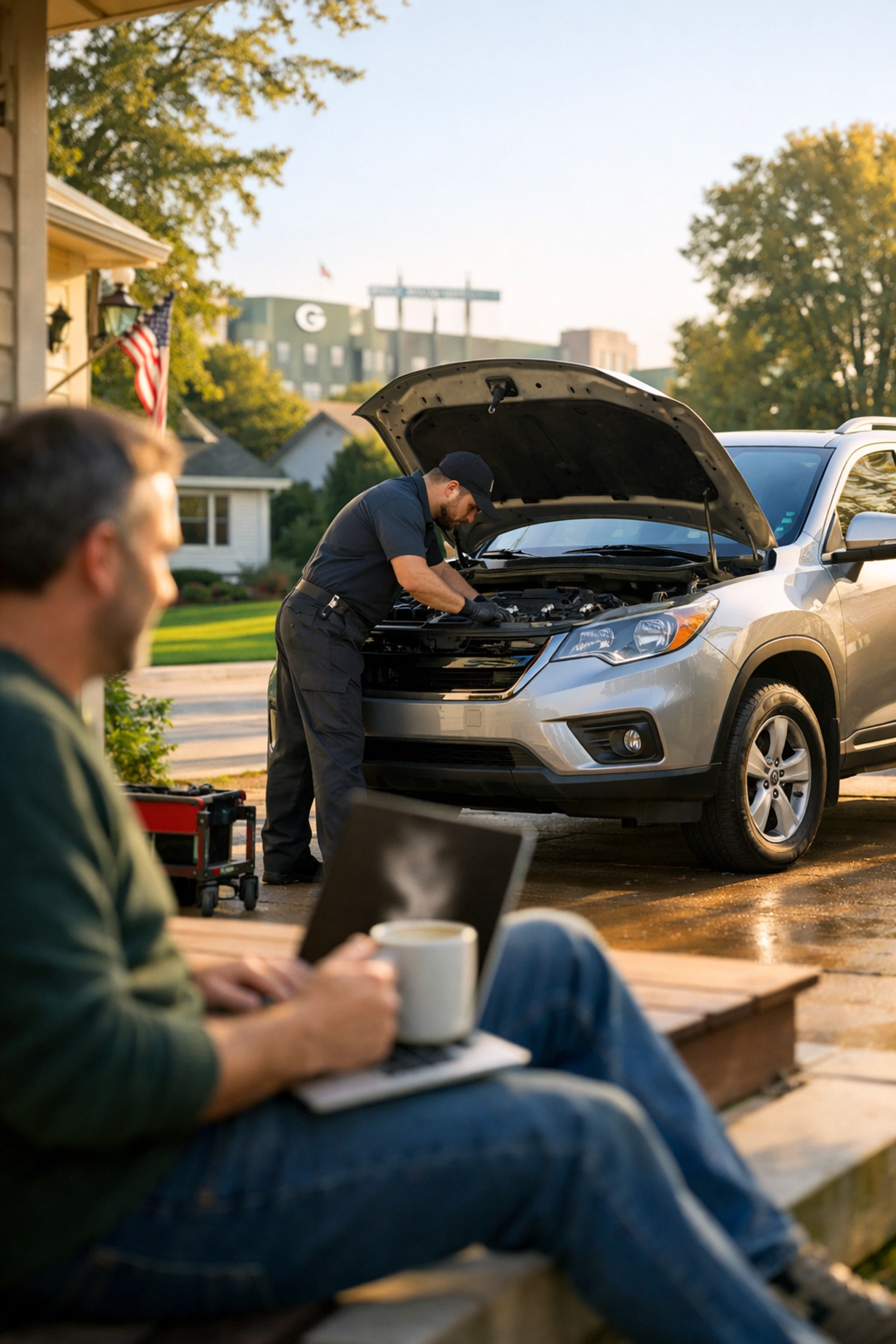 Professional mobile mechanic performing car maintenance in a Green Bay driveway while homeowner works.
