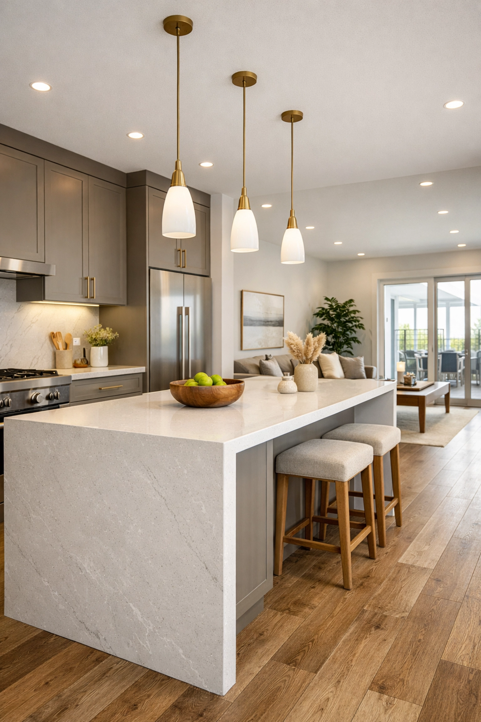 Modern modular home kitchen with premium finishes and high ceilings