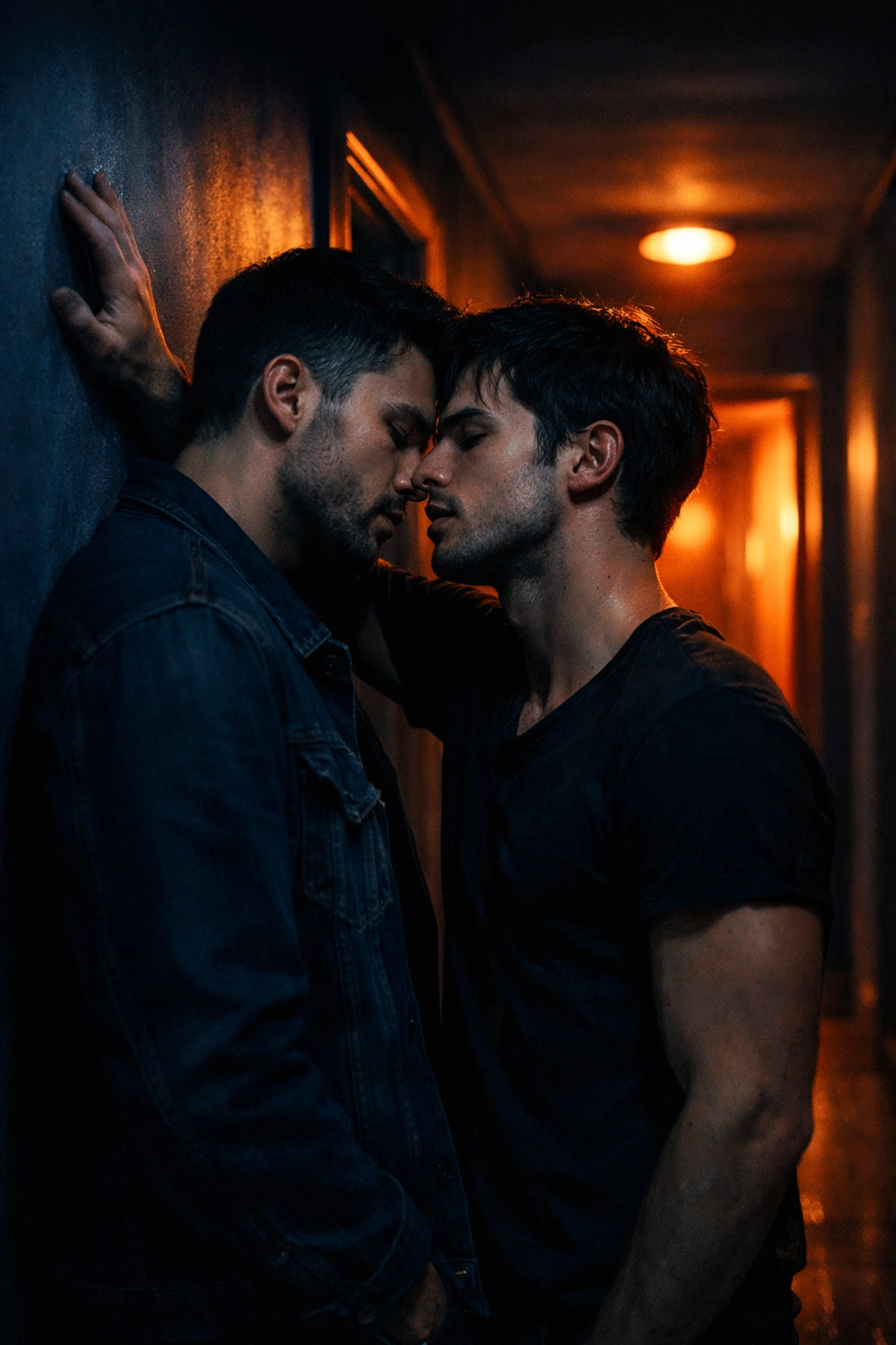 Two men facing each other in a narrow hallway, illustrating a forced proximity trope in MM romance.