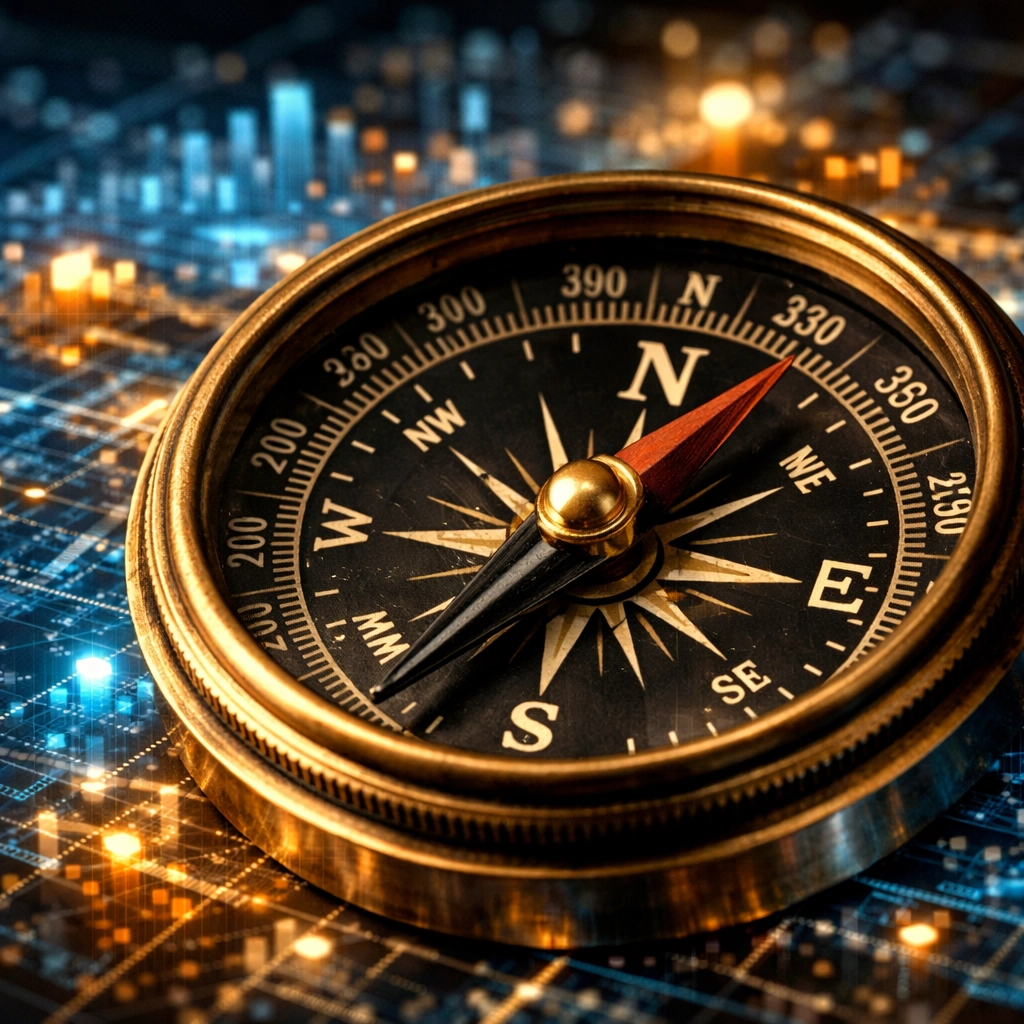 A brass compass on a digital financial map symbolizing expert navigation for alpha in alternative investments.