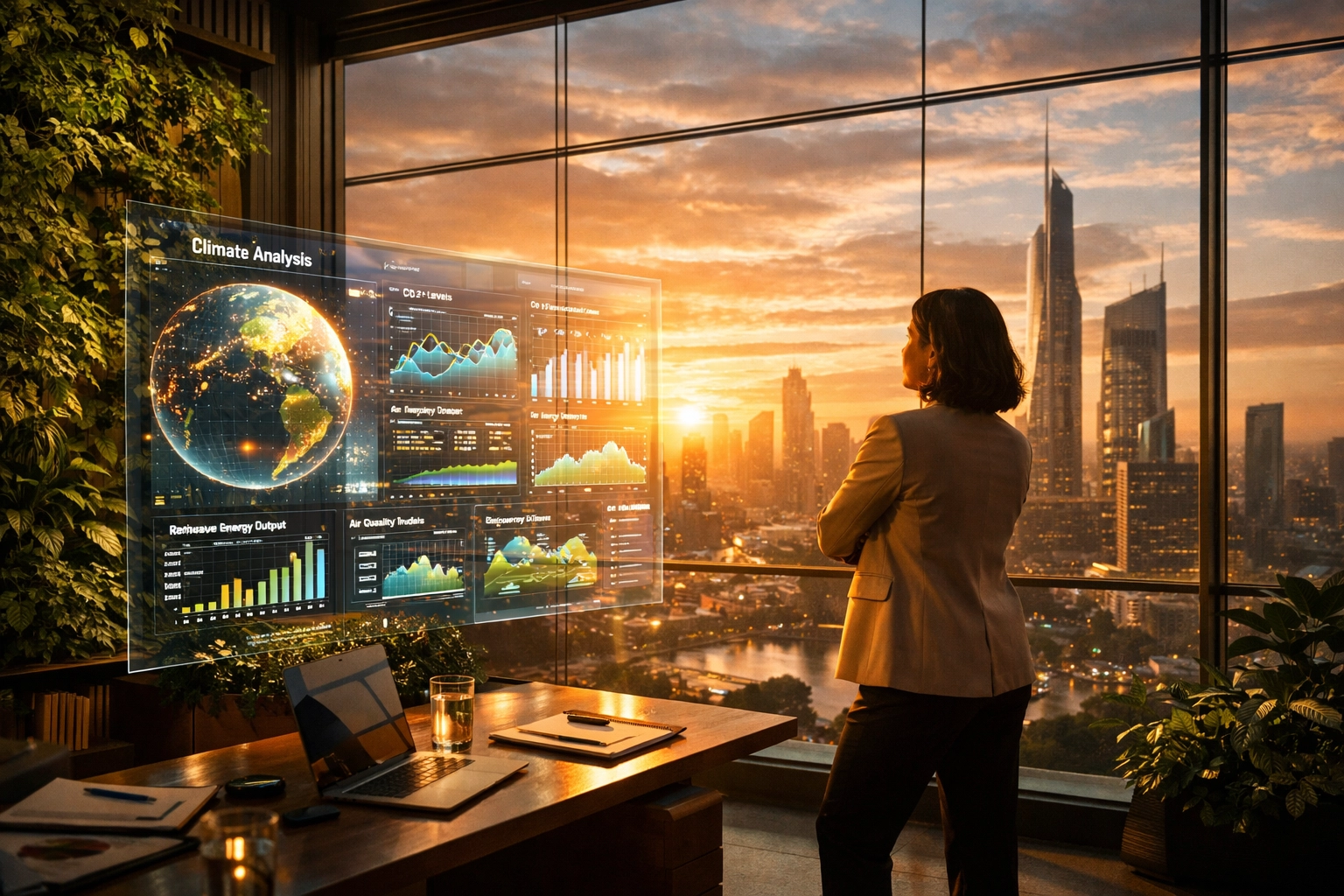 A professional using AI data screens in a modern office, representing modern career growth and digital expertise.