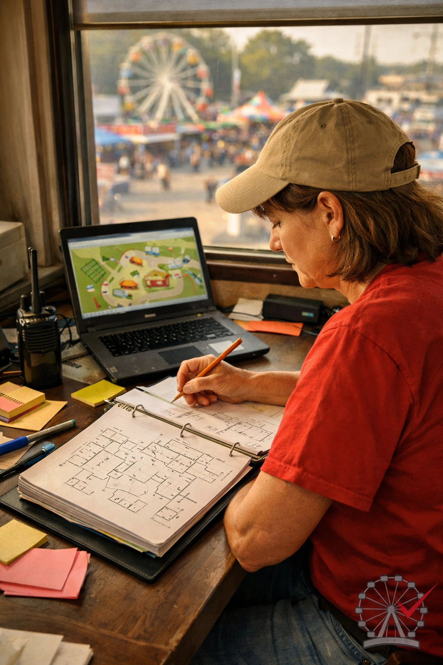 Inside the fair office: an open binder labeled “Electrical Map” beside hand-drawn circuit notes and a laptop map