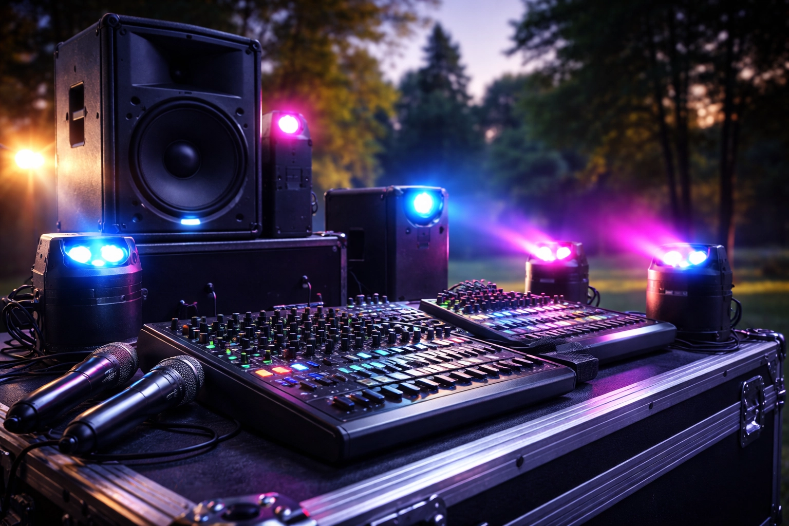 Close-up of premium outdoor AV equipment on a park stage, highlighting speakers, wireless lighting, and DJ setup.