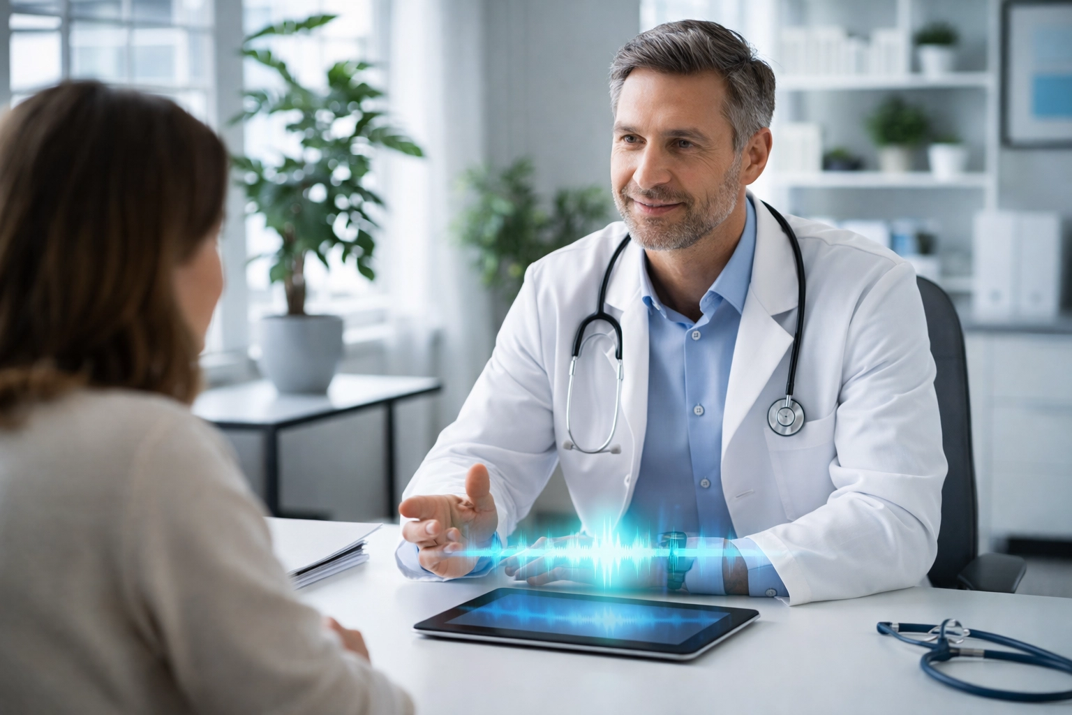 Physician and patient interact in a modern medical office with AI technology processing the conversation in real time.