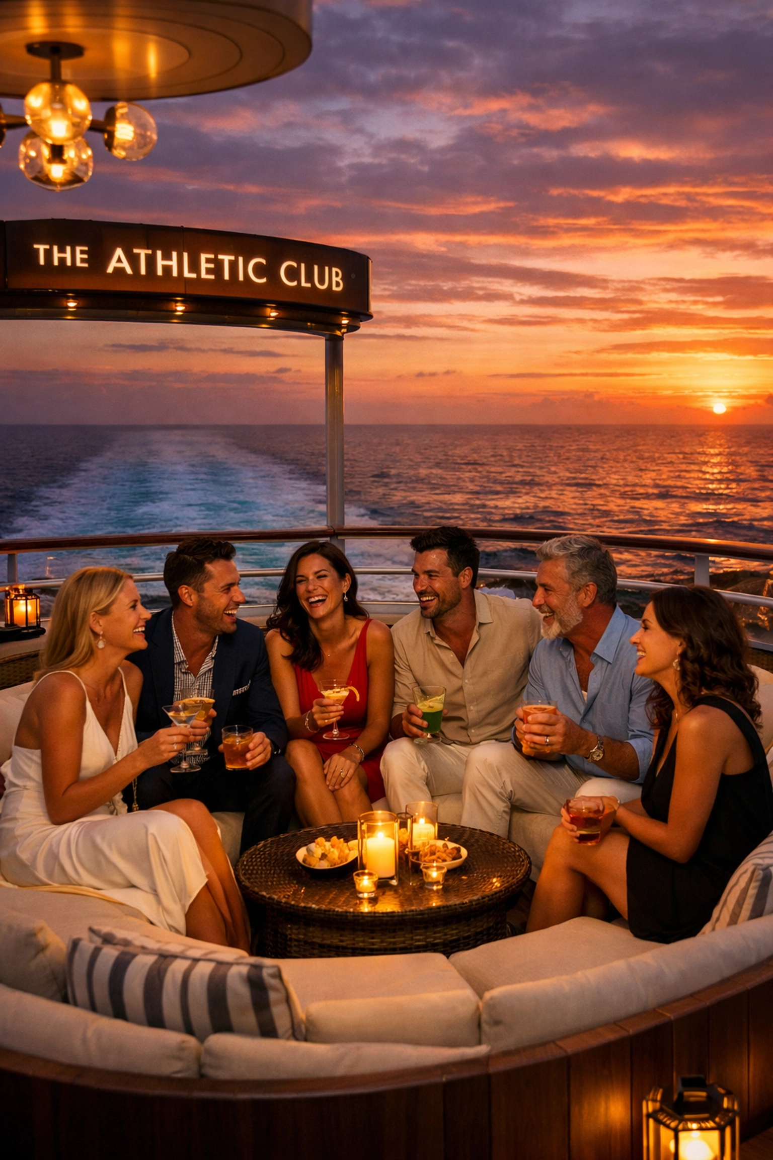 Adults enjoying cocktails on the Virgin Voyages Athletic Club deck during a golden hour sunset.