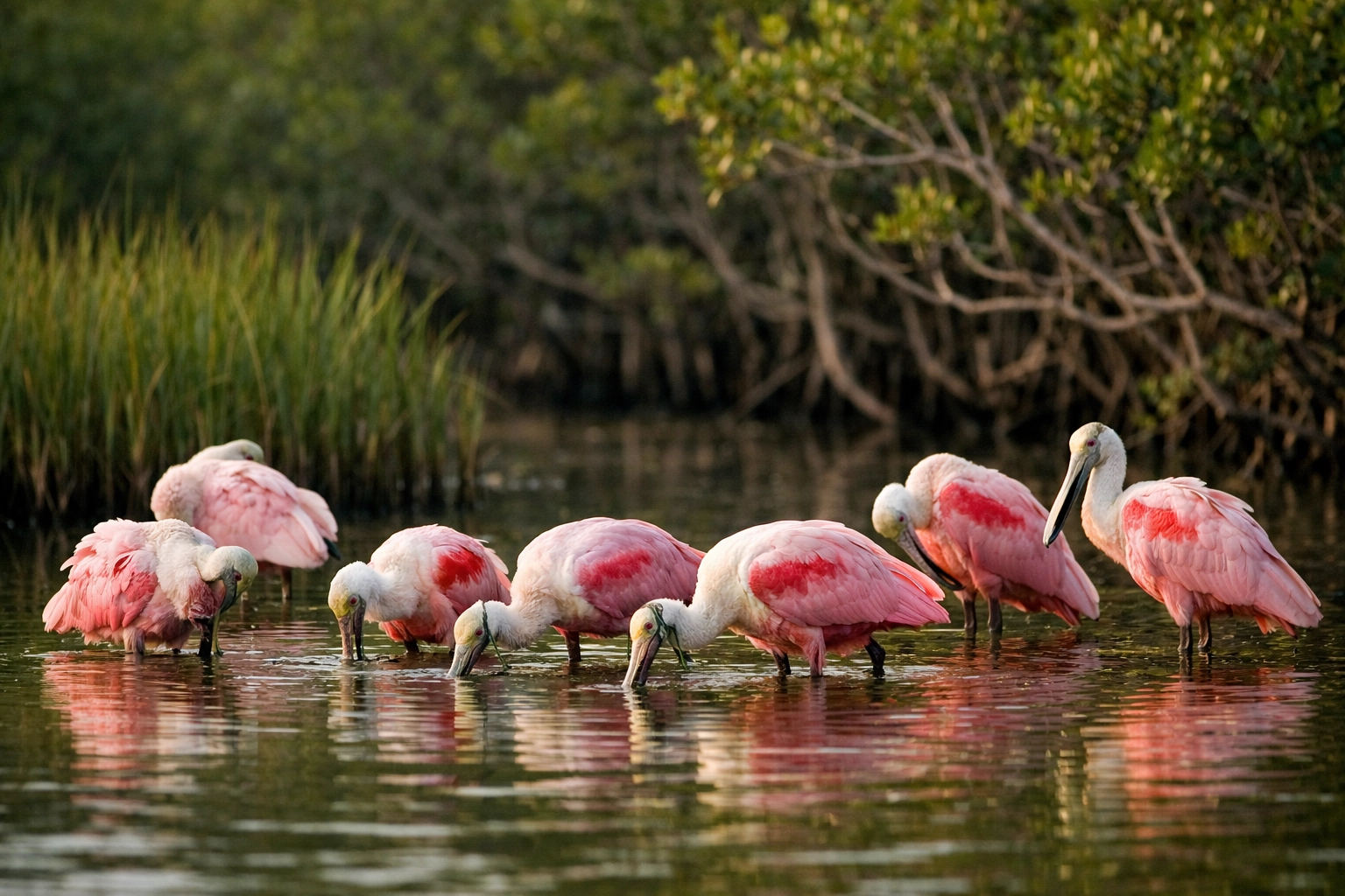 Roseate Spoonbills in a remote Everglades lagoon showing natural bird behavior and authentic wildlife shots.