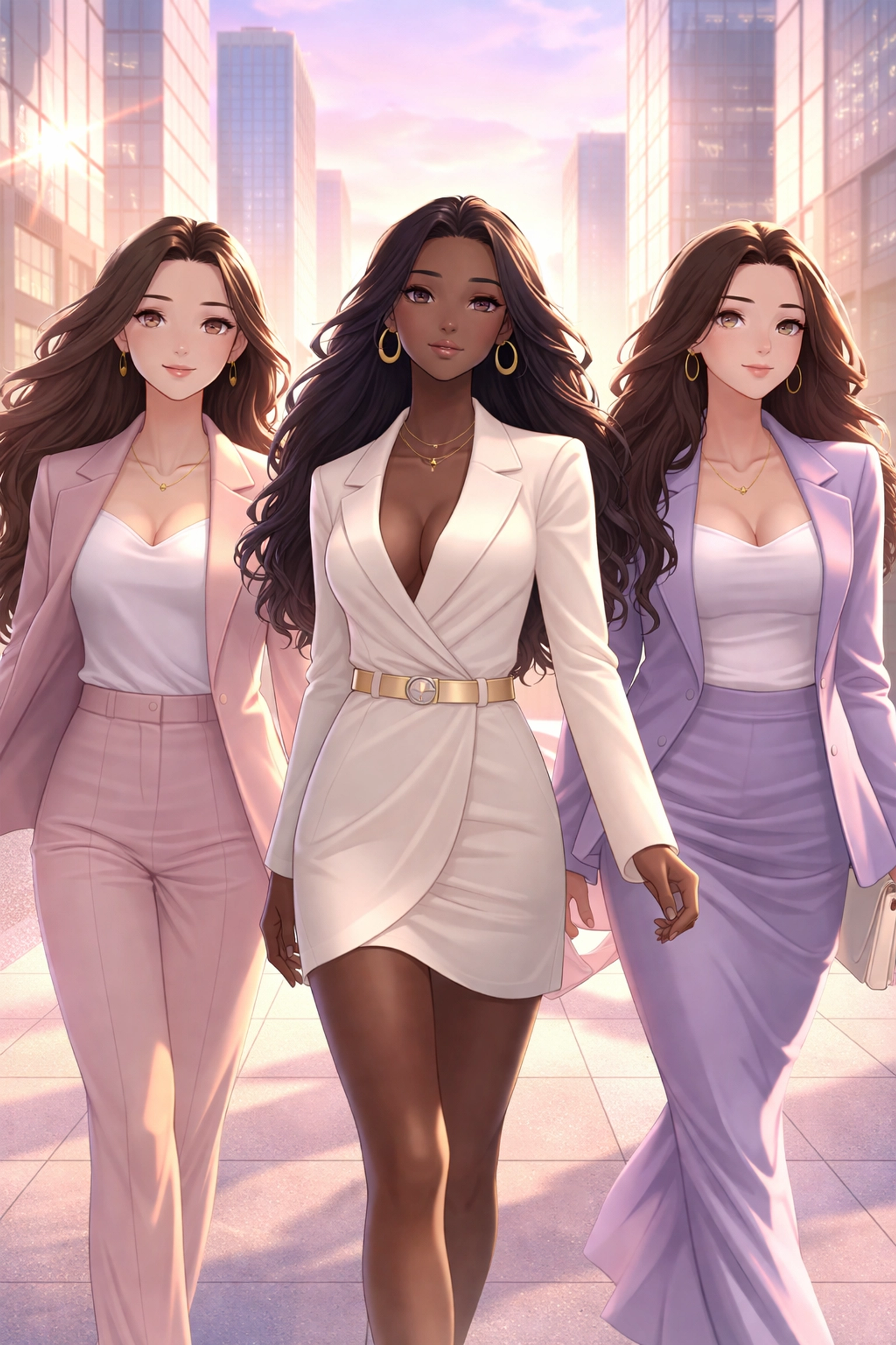 Three diverse women executives with flawless, wake-up-ready brows walk confidently through a city at sunrise, showcasing luxury permanent makeup results