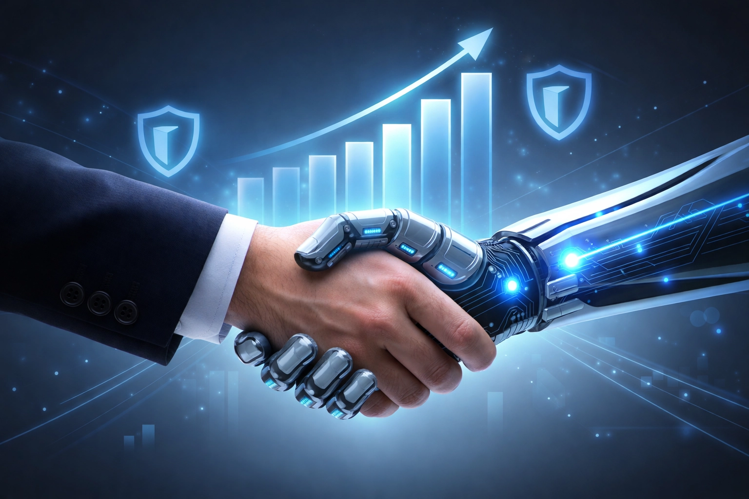 Business and digital handshake with rising security graphics depicts partnership for cybersecurity consulting