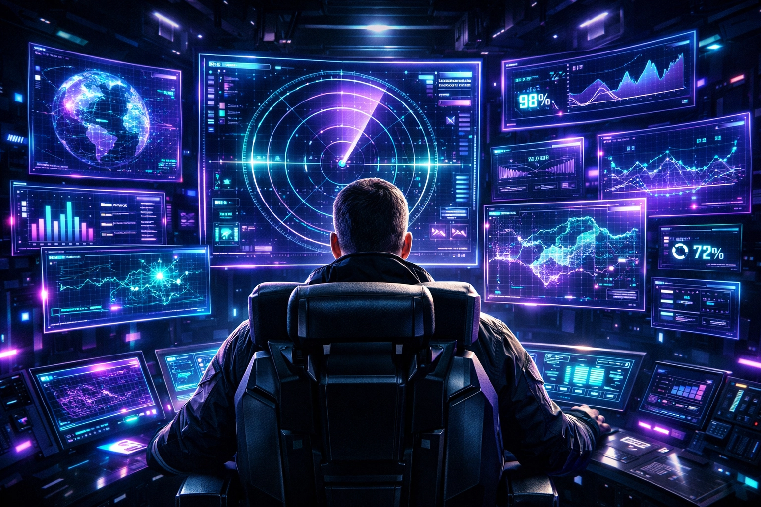Digital command center with holographic screens illustrating advanced industry skills and intelligent automation.
