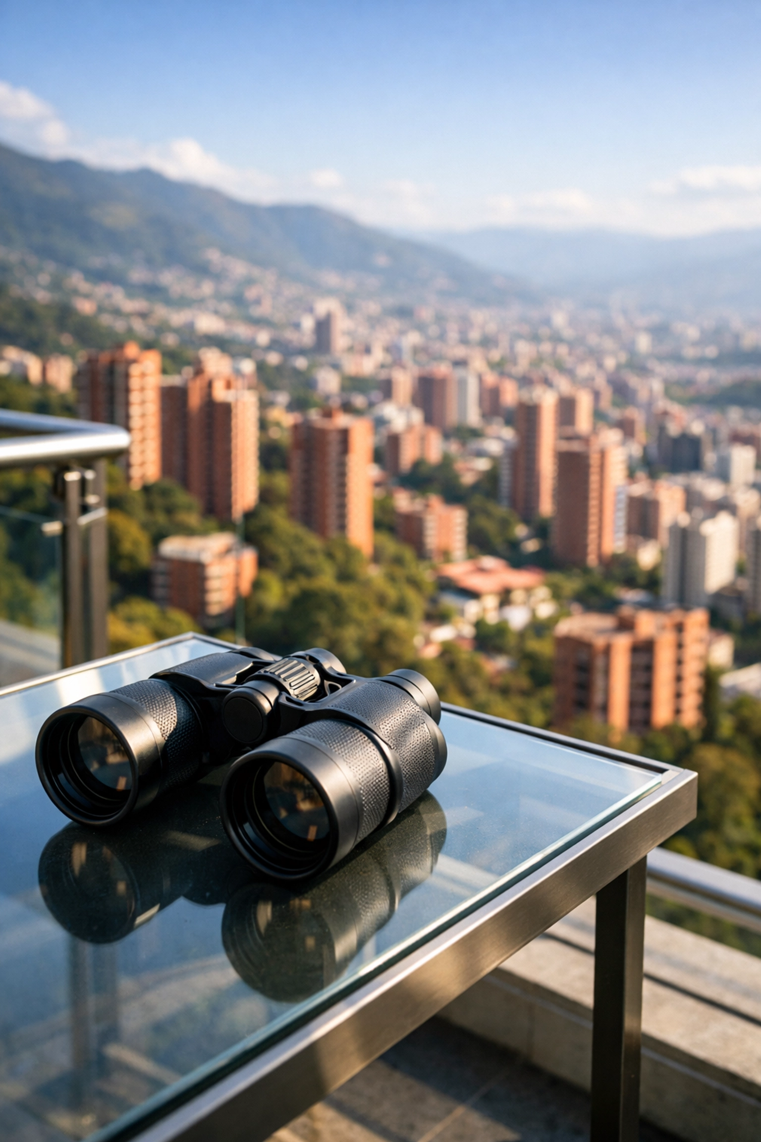 Binoculars on a luxury Medellin balcony overlooking El Poblado, representing residential security scoping risks.