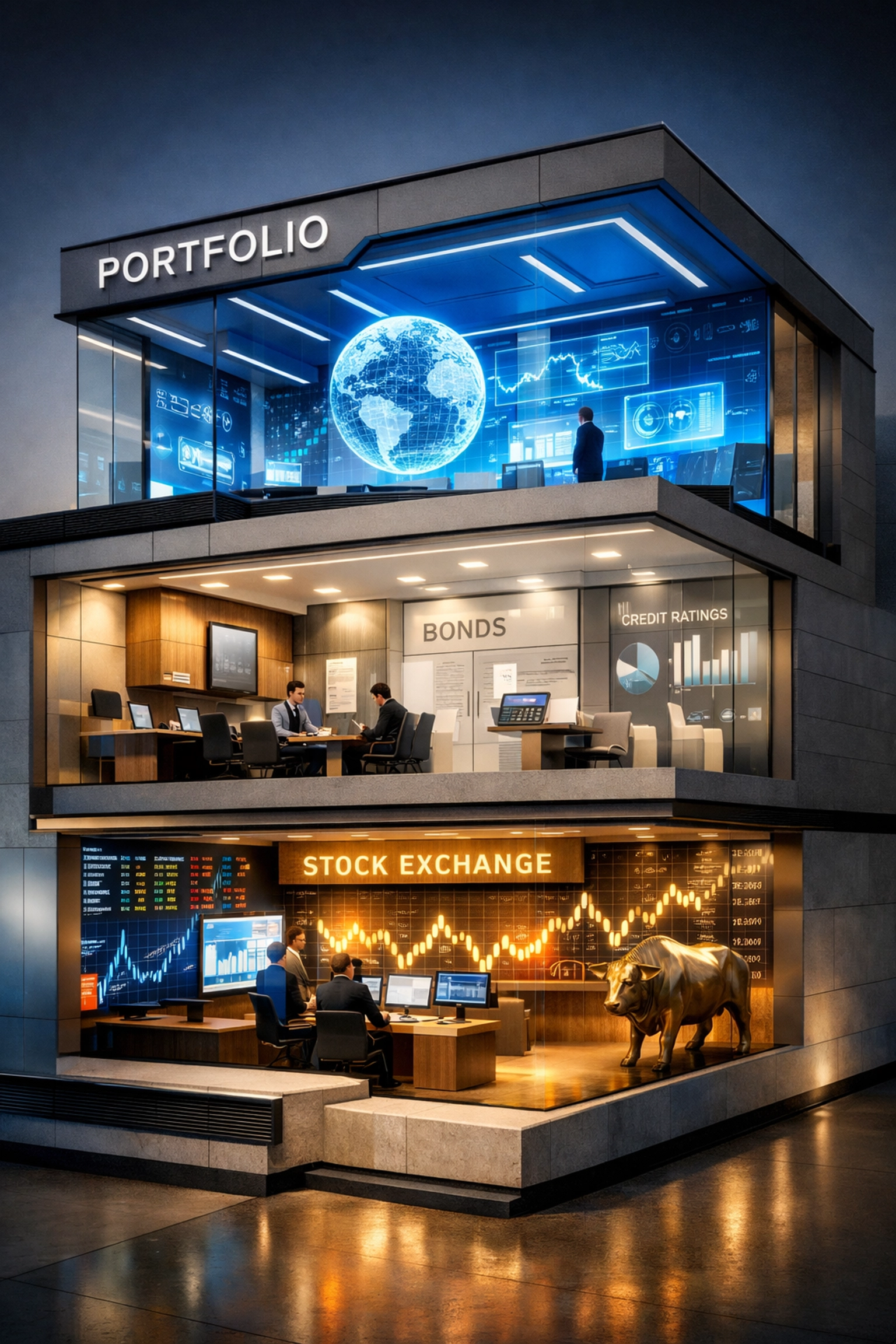 Diversified institutional portfolio structure showing multi-level asset allocation strategy