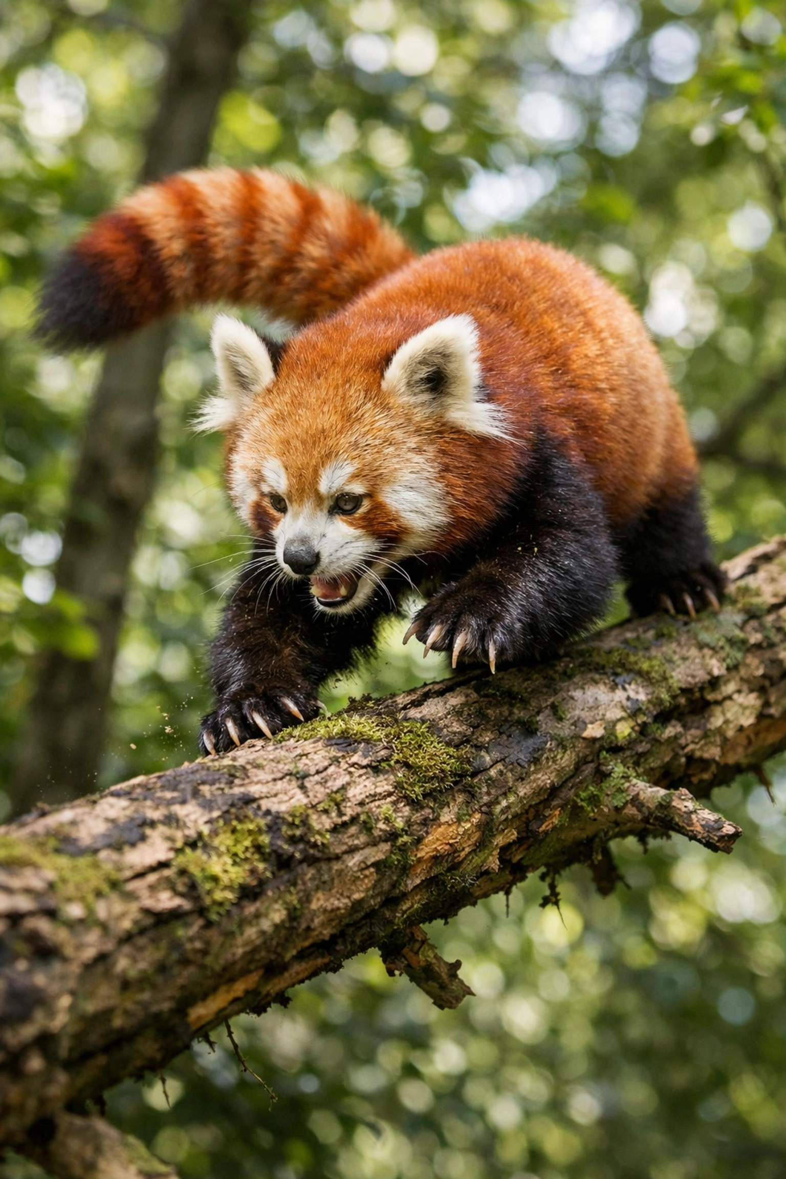 High-speed action photo of a red panda climbing a tree branch in a natural zoo enclosure.
