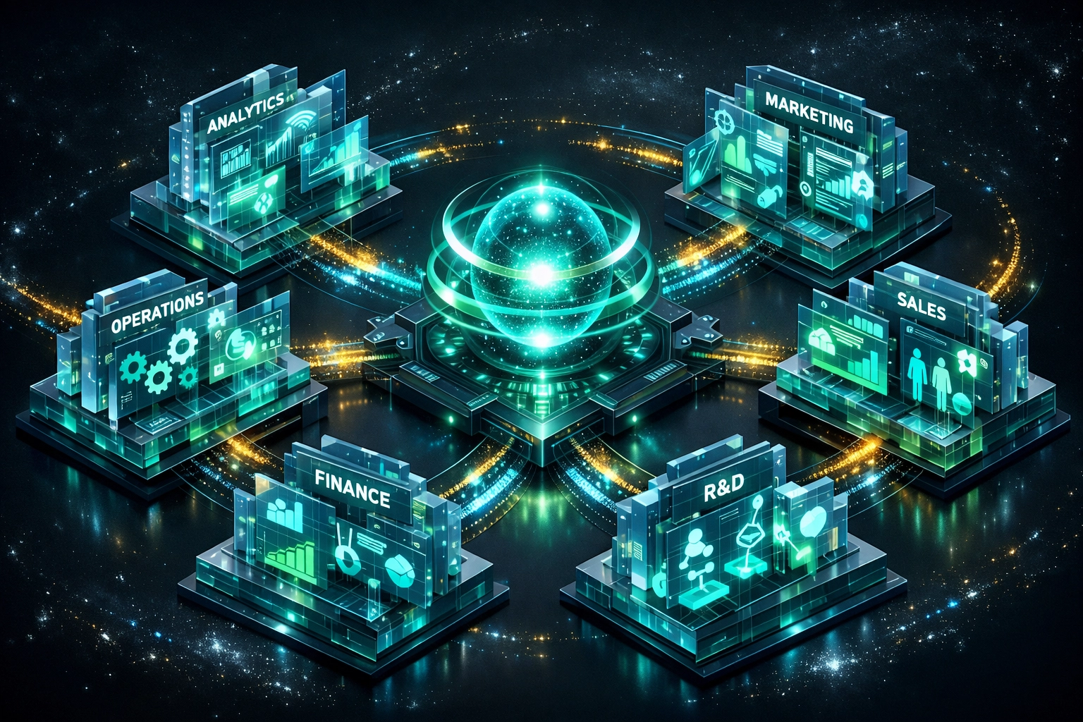 Integrated AI automation for small business showing connected data modules and efficient workflow management.