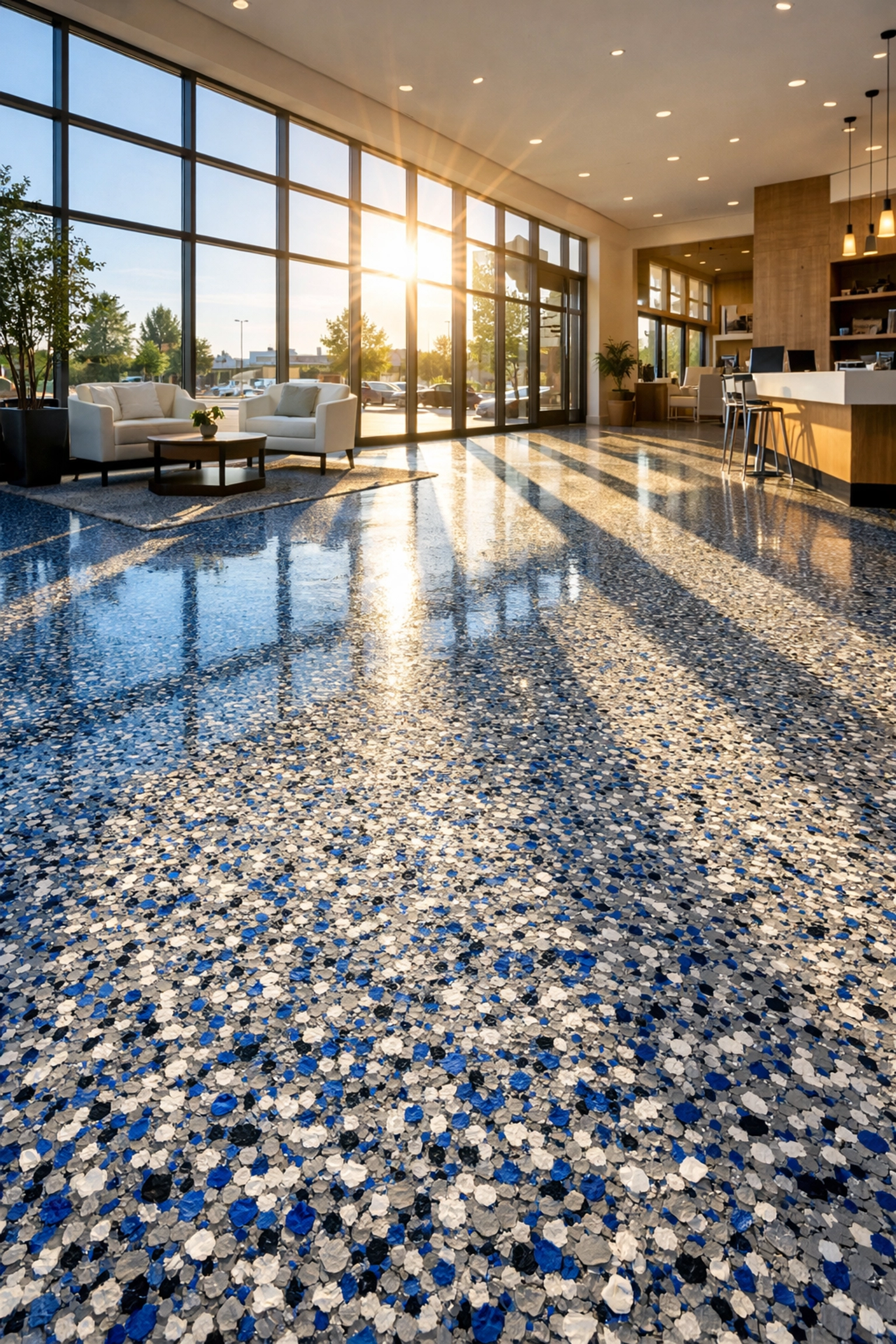 Sunlit showroom featuring UV-stable polyaspartic floor coating in Mississippi with decorative flakes.