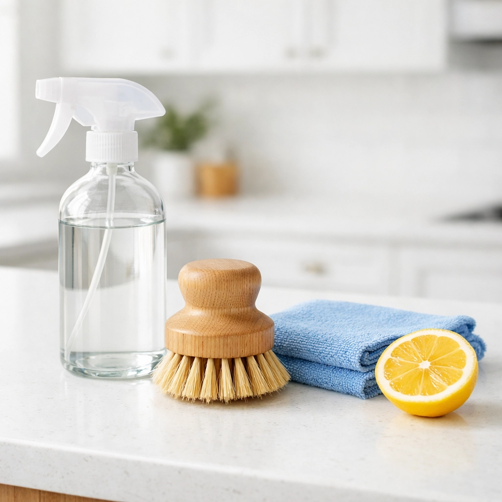 Eco-friendly house cleaning MA supplies including natural brushes and non-toxic sprays on a white counter.