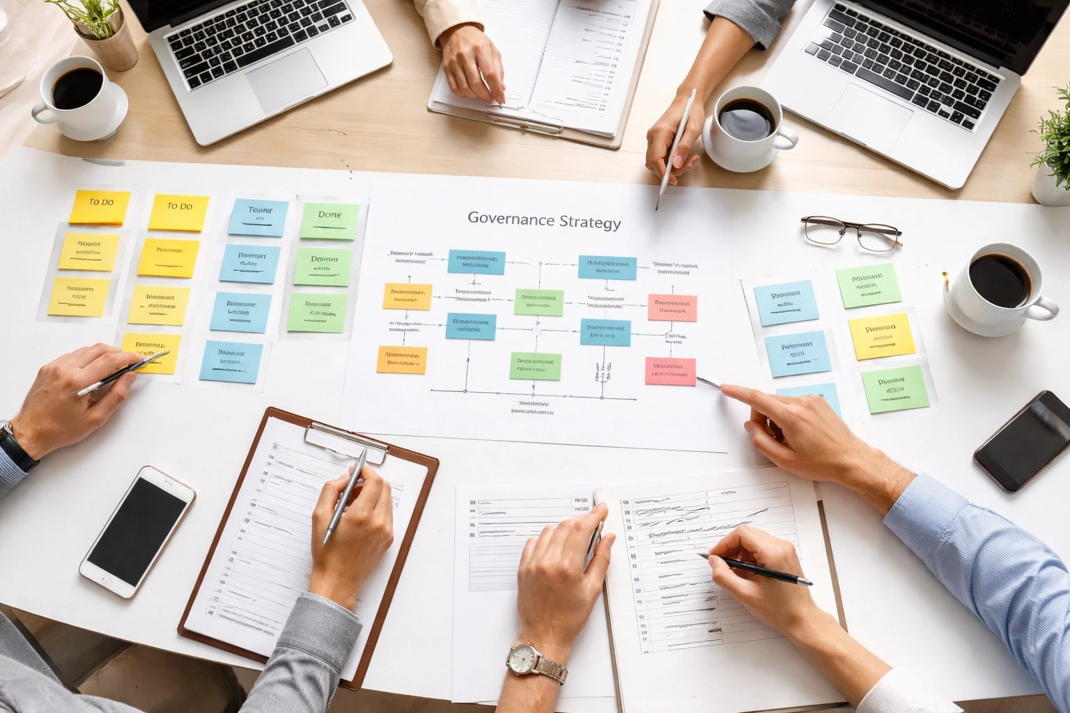 Overhead view of a collaborative governance meeting planning CMDB best practices with workflow charts and laptops.