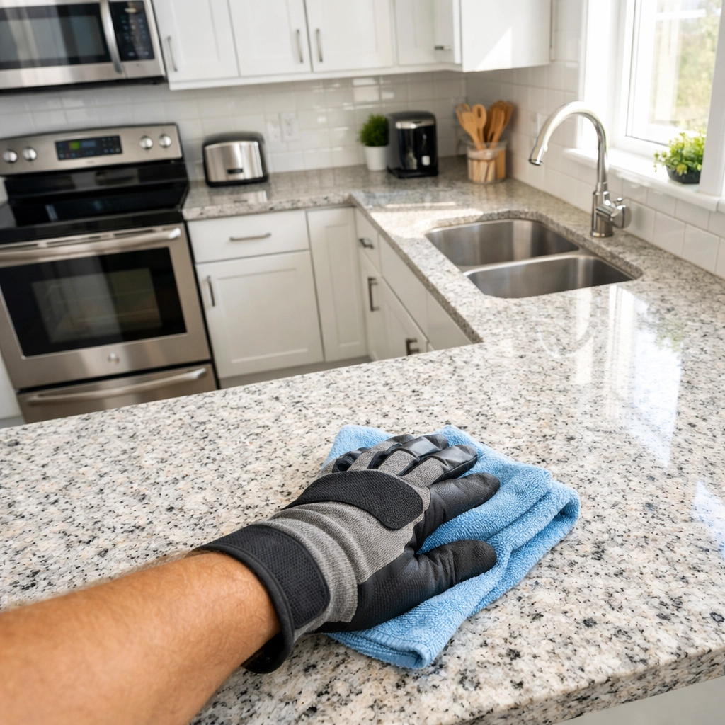 Professional cleaning apartment kitchen countertops during make-ready deep clean service