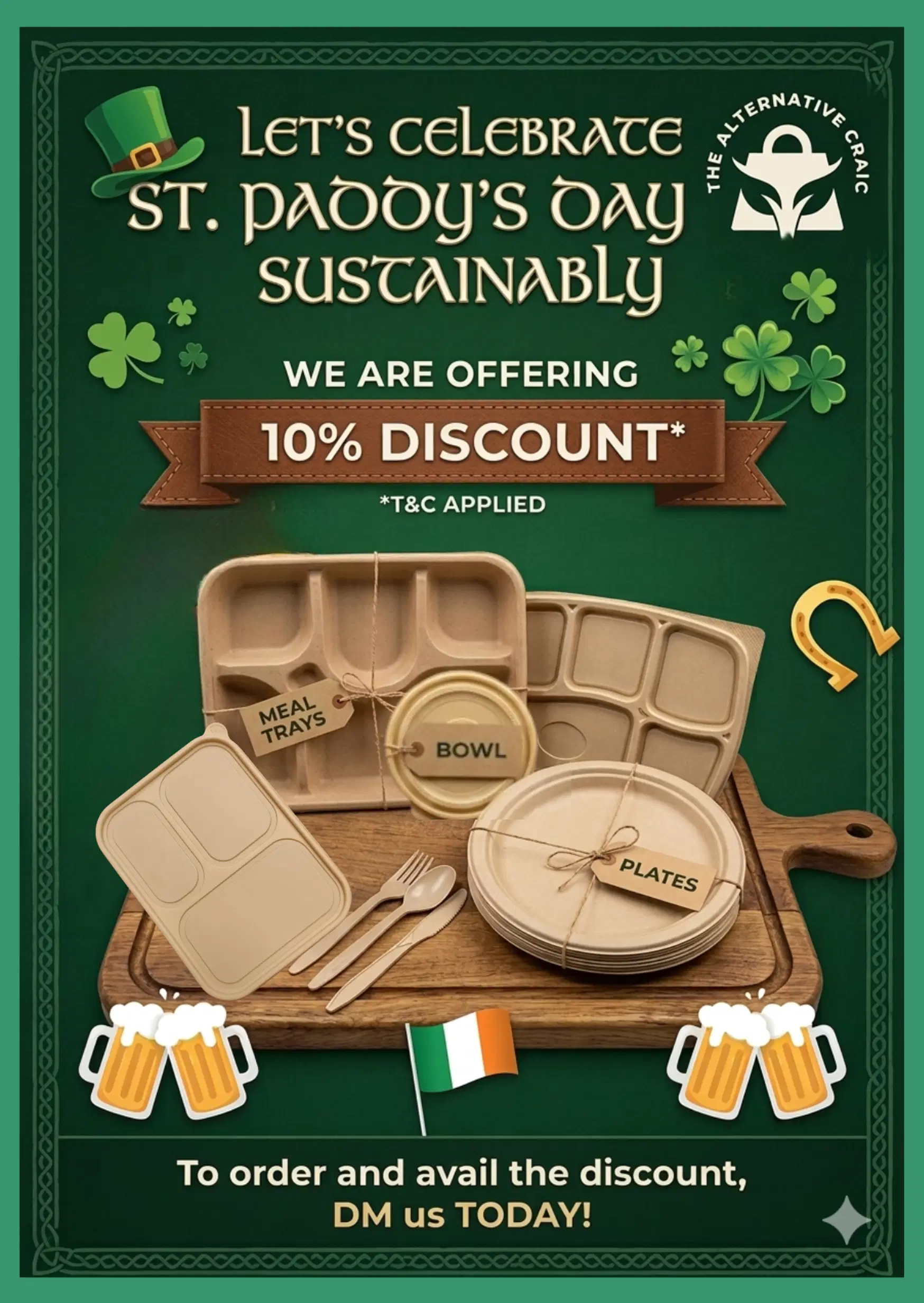 Promotional graphic featuring eco-friendly compostable meal trays with a 10% discount message