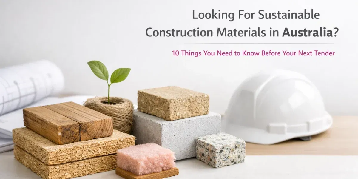 Eco-friendly construction materials including recycled plastic panels and blueprints